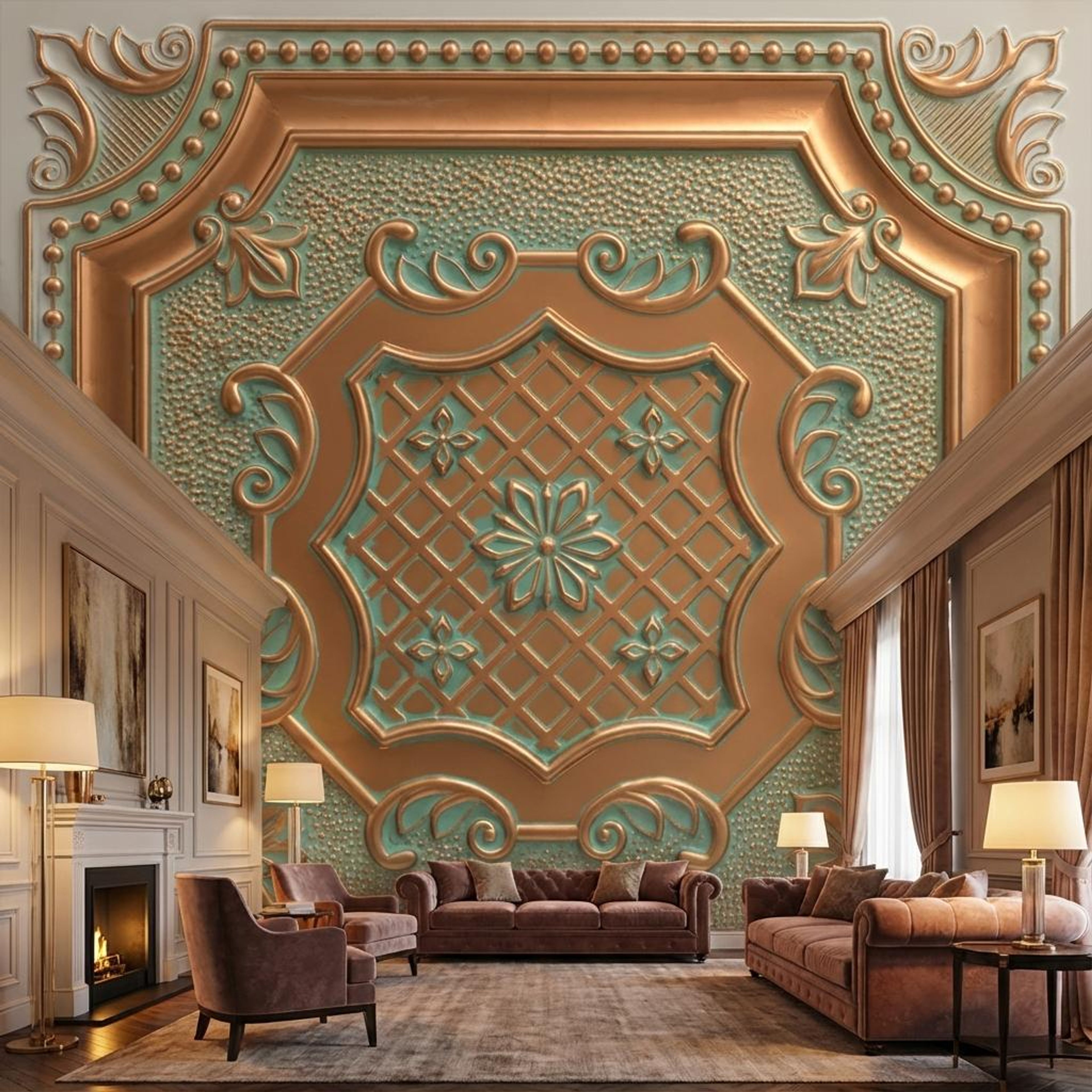 Abstract Arabian Green - Persian Motifs - Green, Gold - Decorative Ceiling Panel - 2 ft x 2 ft