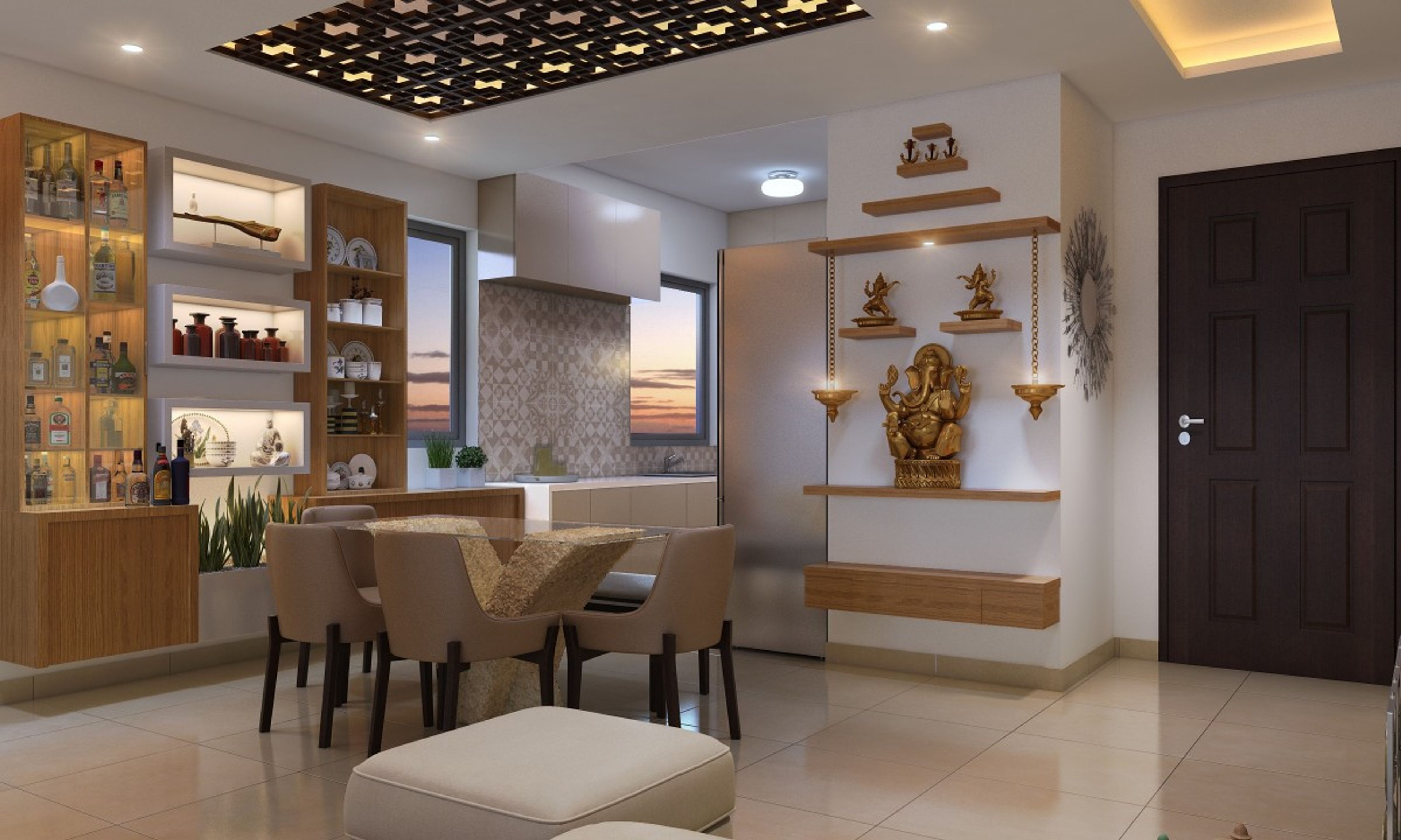 Contemporary 4-Seater Beige Dining Room Design With X-Base And Seater