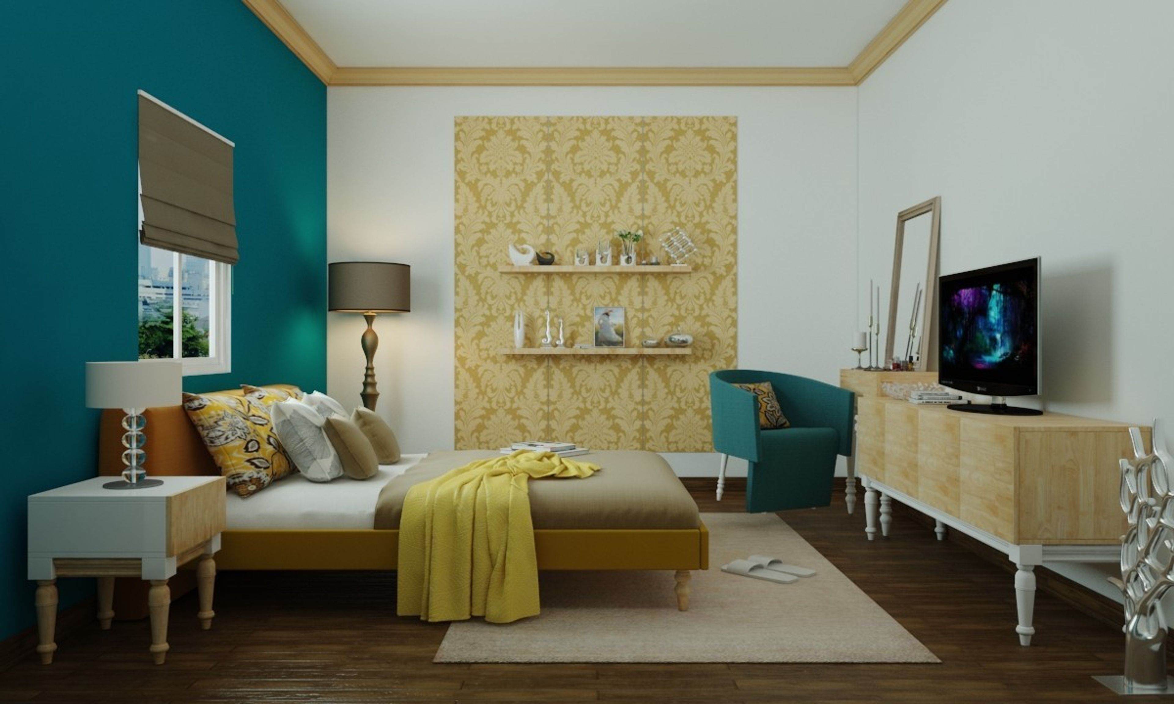 Modern Green And Yellow Guest Bedroom Design With Wallpaper