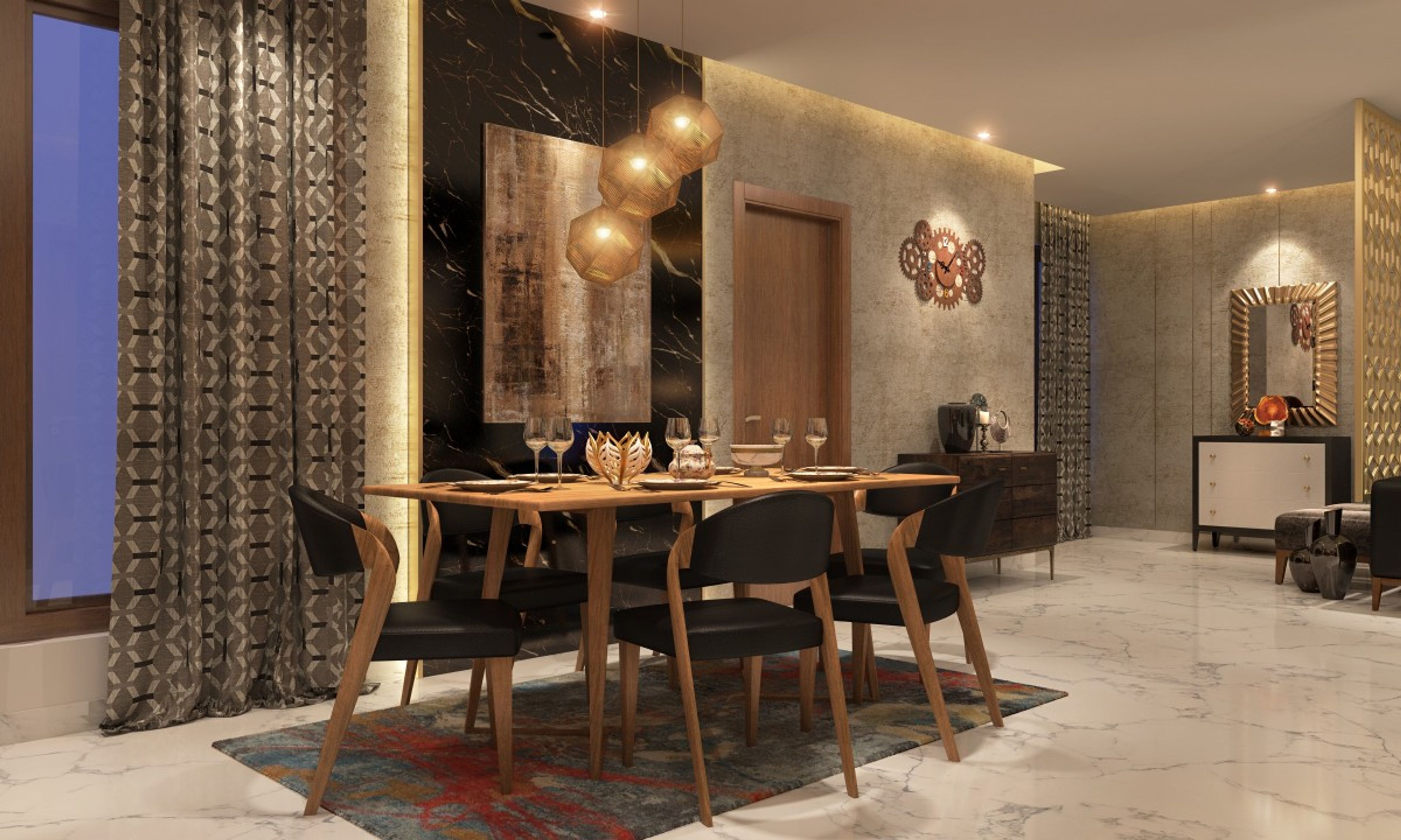 Modern Wooden Dining Room Design With Black Chairs