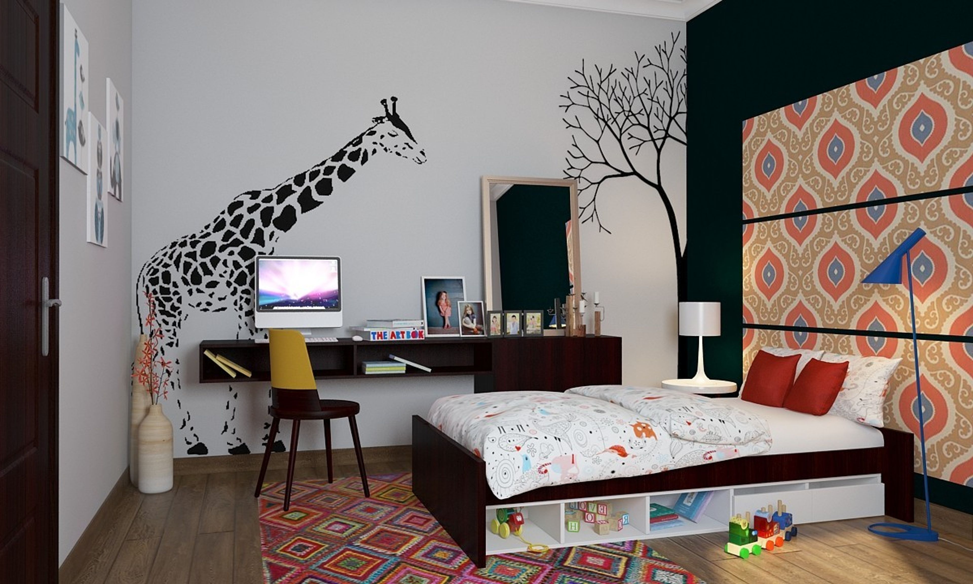 Eclectic Kids Room Design With Whimsical Bed Back Wall