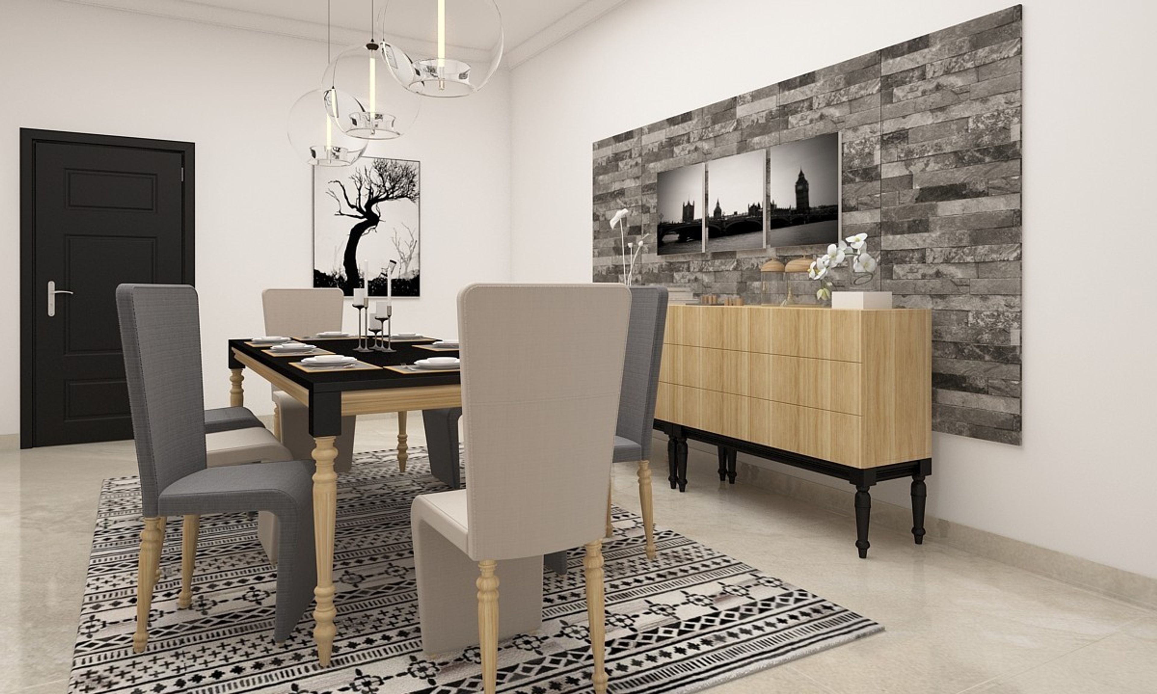 Modern 8-Seater Black Dining Room Design With Beige And Grey Chairs