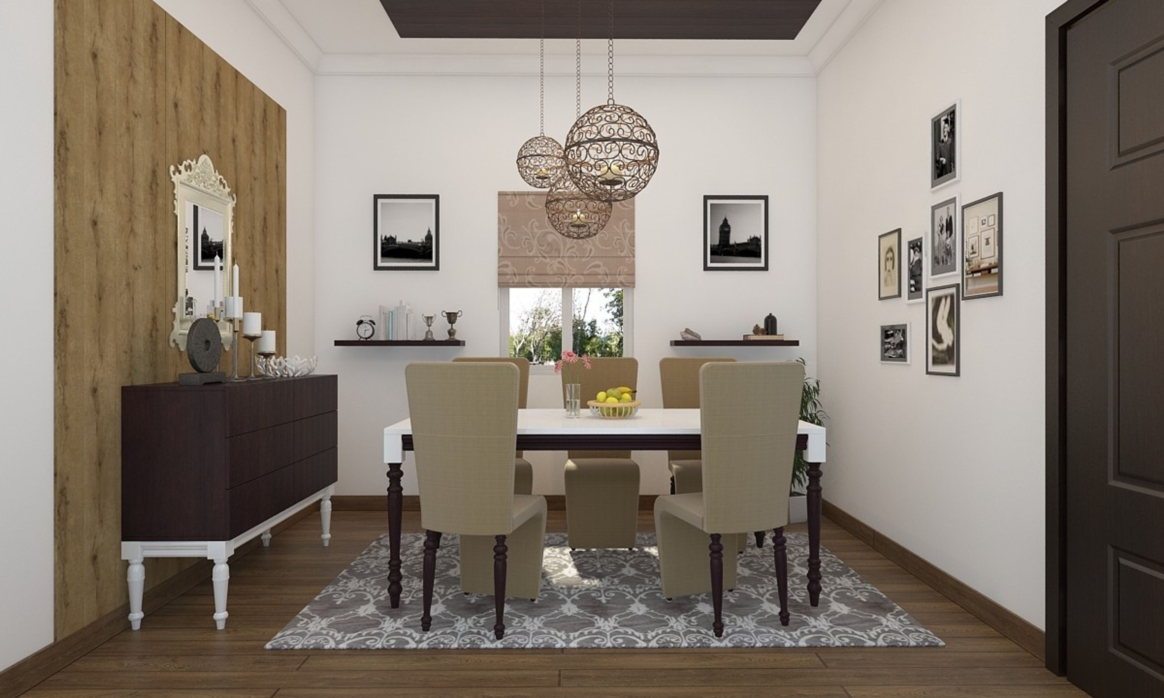 Contemporary 6-Seater White Dining Room Design With Cream-Toned Chairs