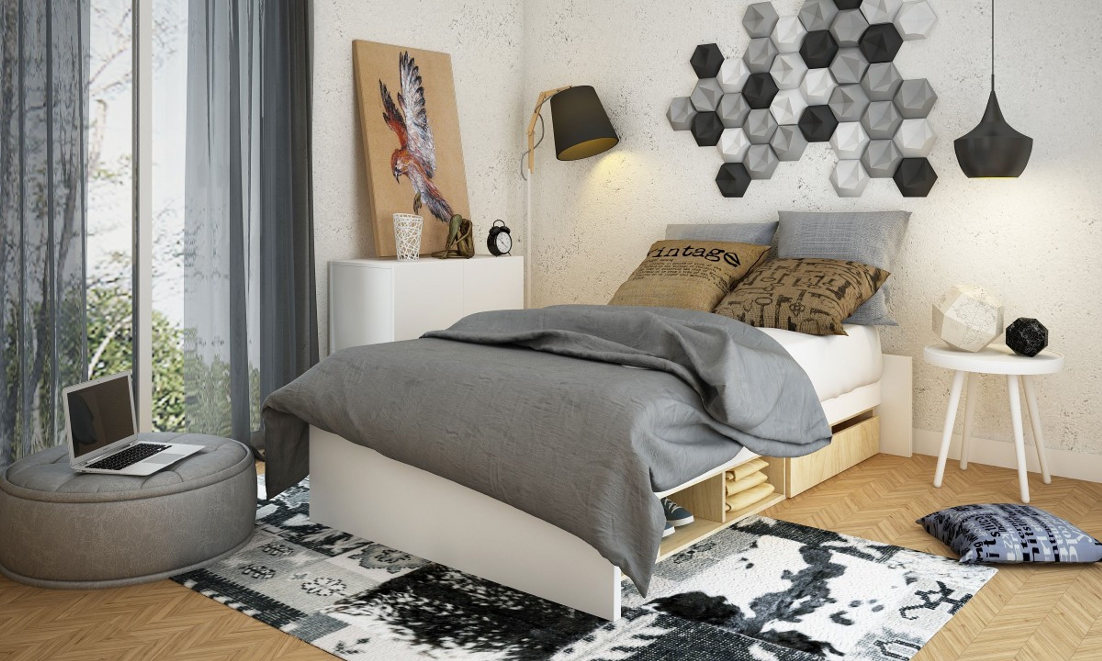 Contemporary Master Bedroom With Bed Back Hexagon Design