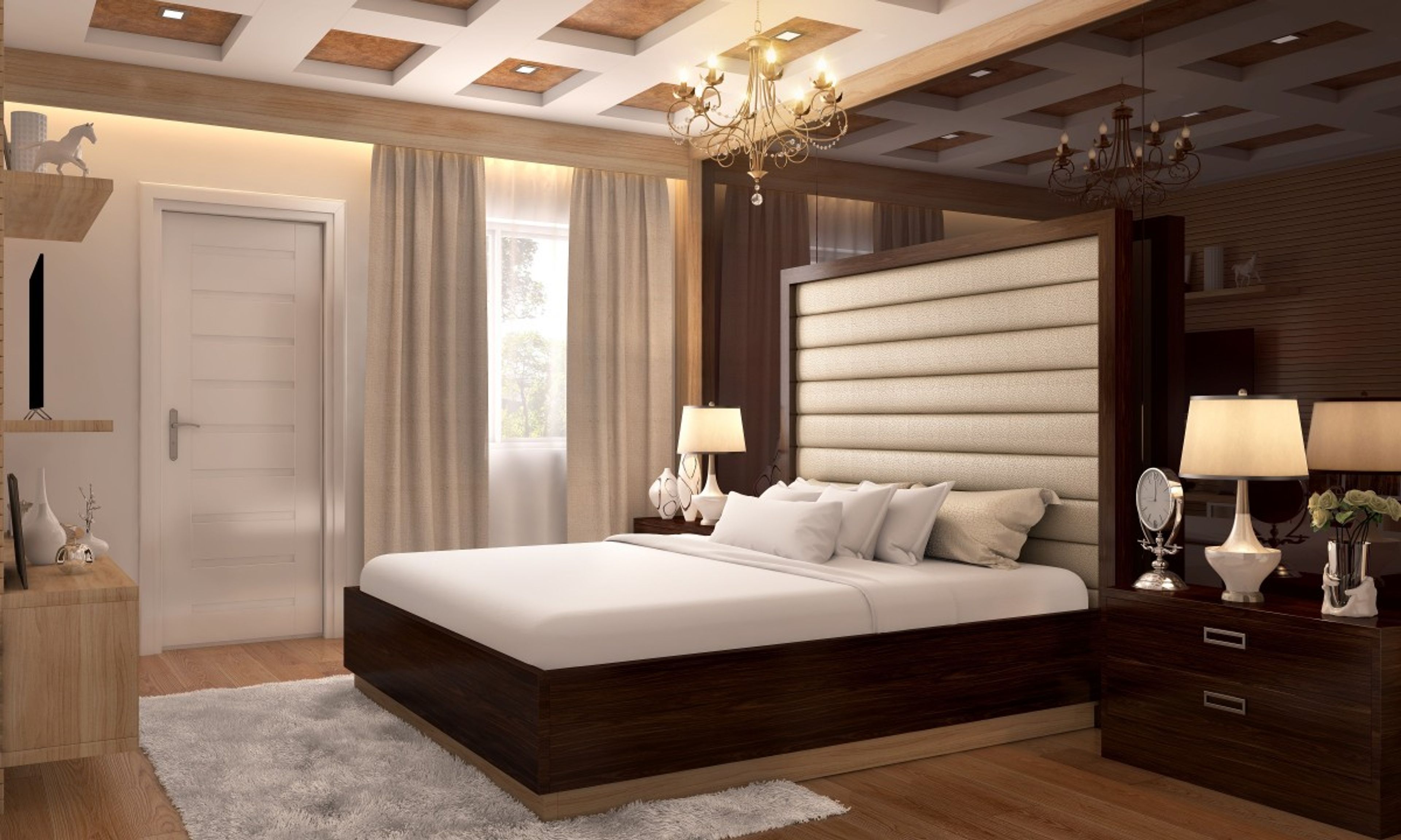 Contemporary Master Bedroom Design In White And Brown With Wall Design