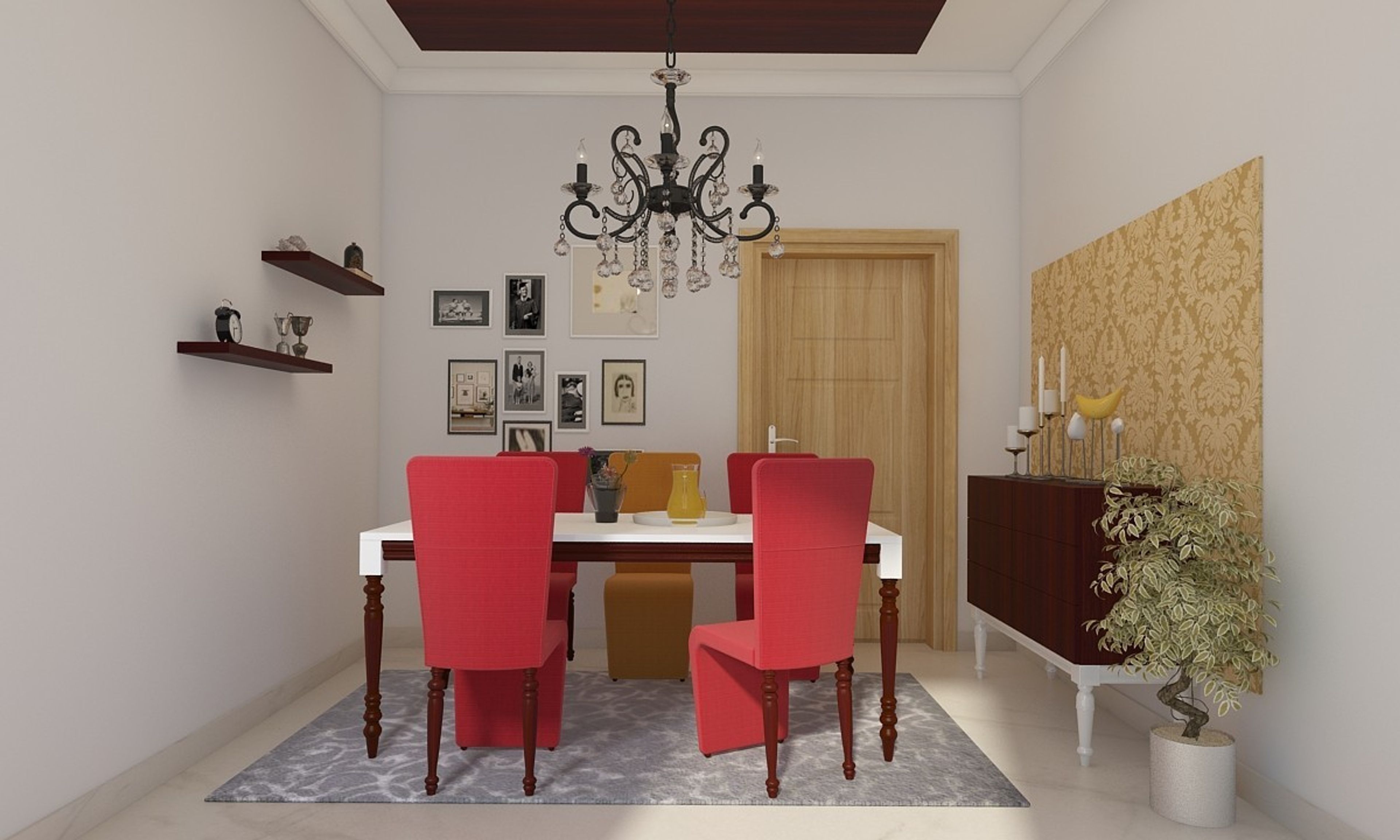 Contemporary 6-Seater Dining Room Design with Crimson And Yellow Chairs