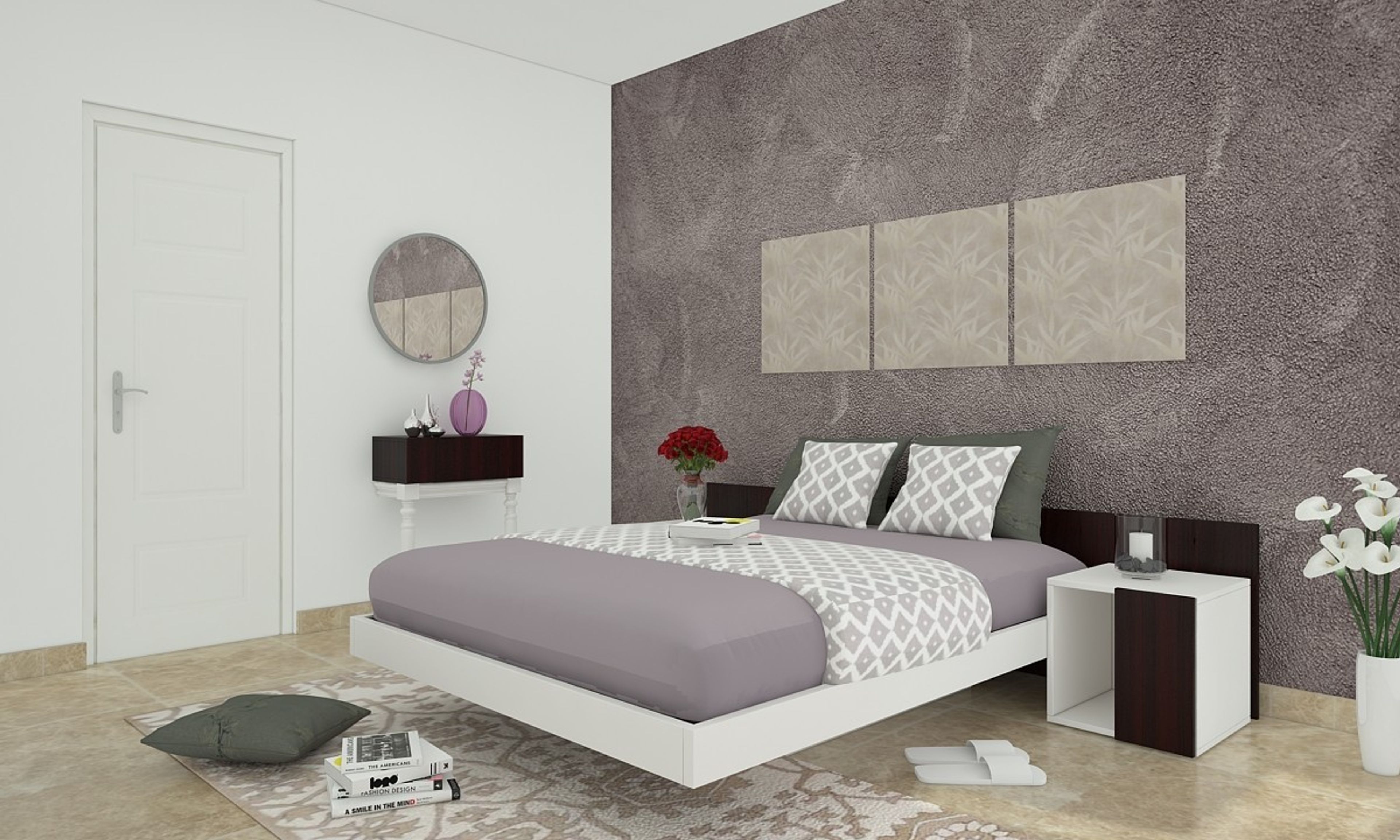 Compact Master Bedroom With Grey Textured Headboard Wall