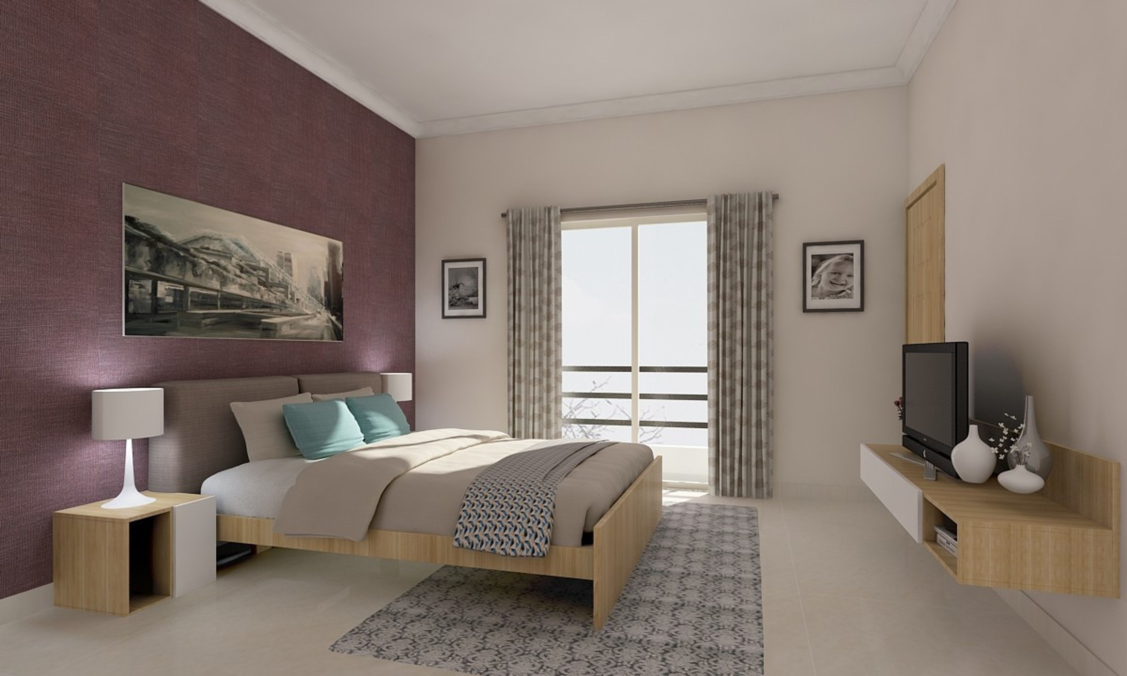 Spacious Master Bedroom Design With Peach Textured Wallpaper