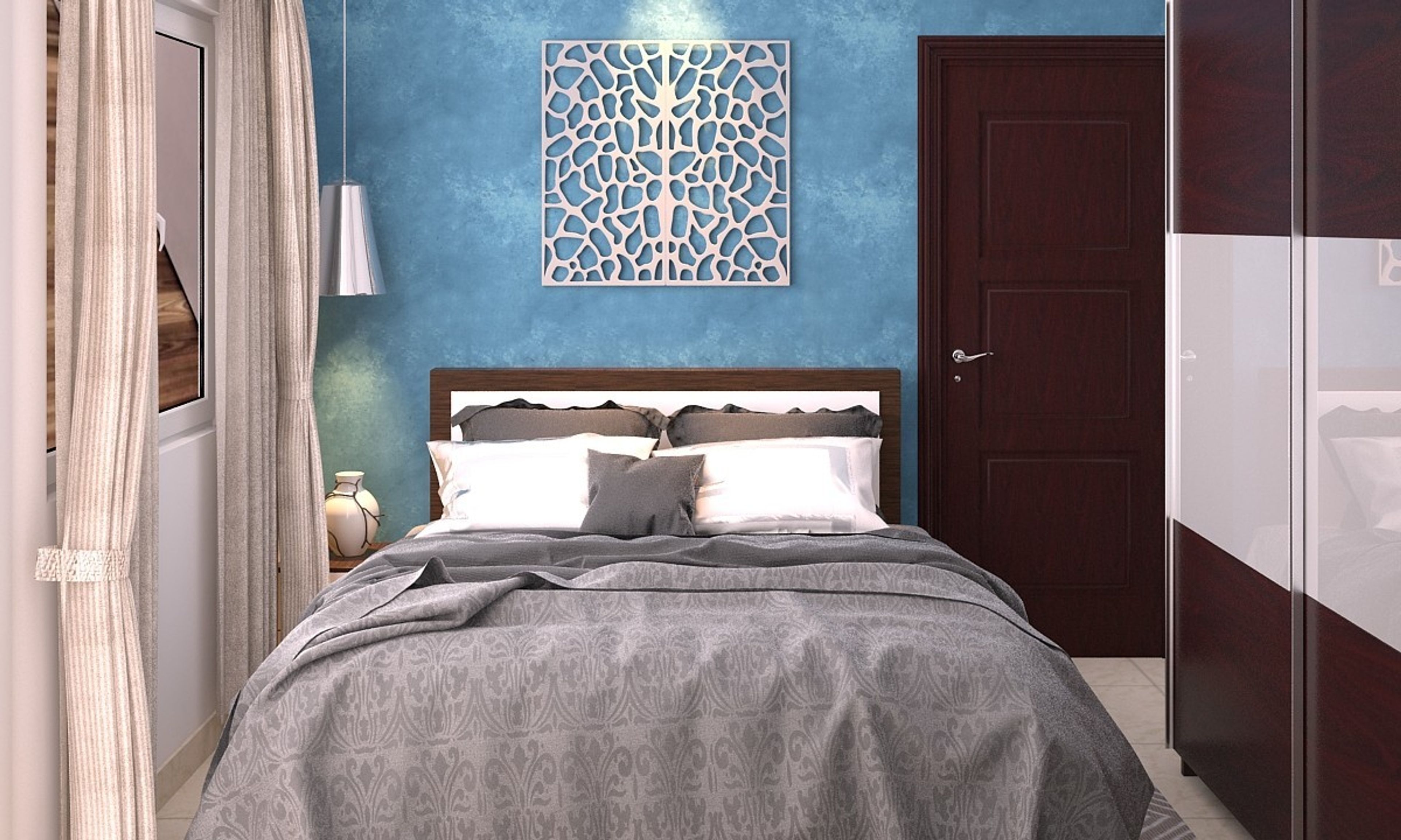 Modern Guest Bedroom Design With Wall Paint And Dark Furniture