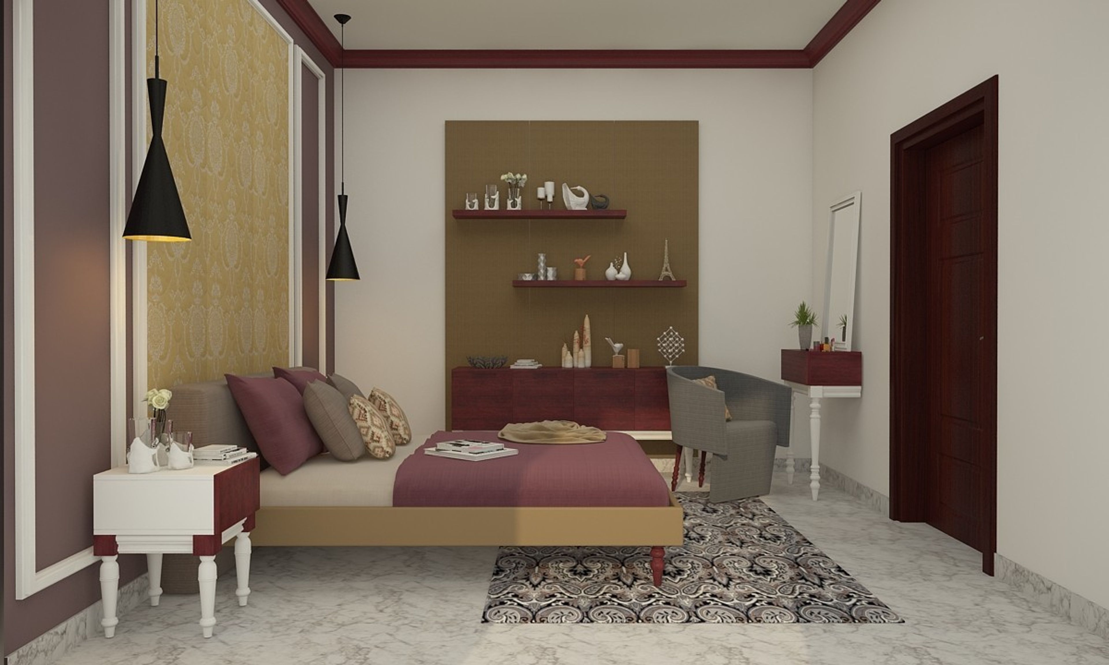 Classic Purple And White Guest Bedroom Design With Wall Paint