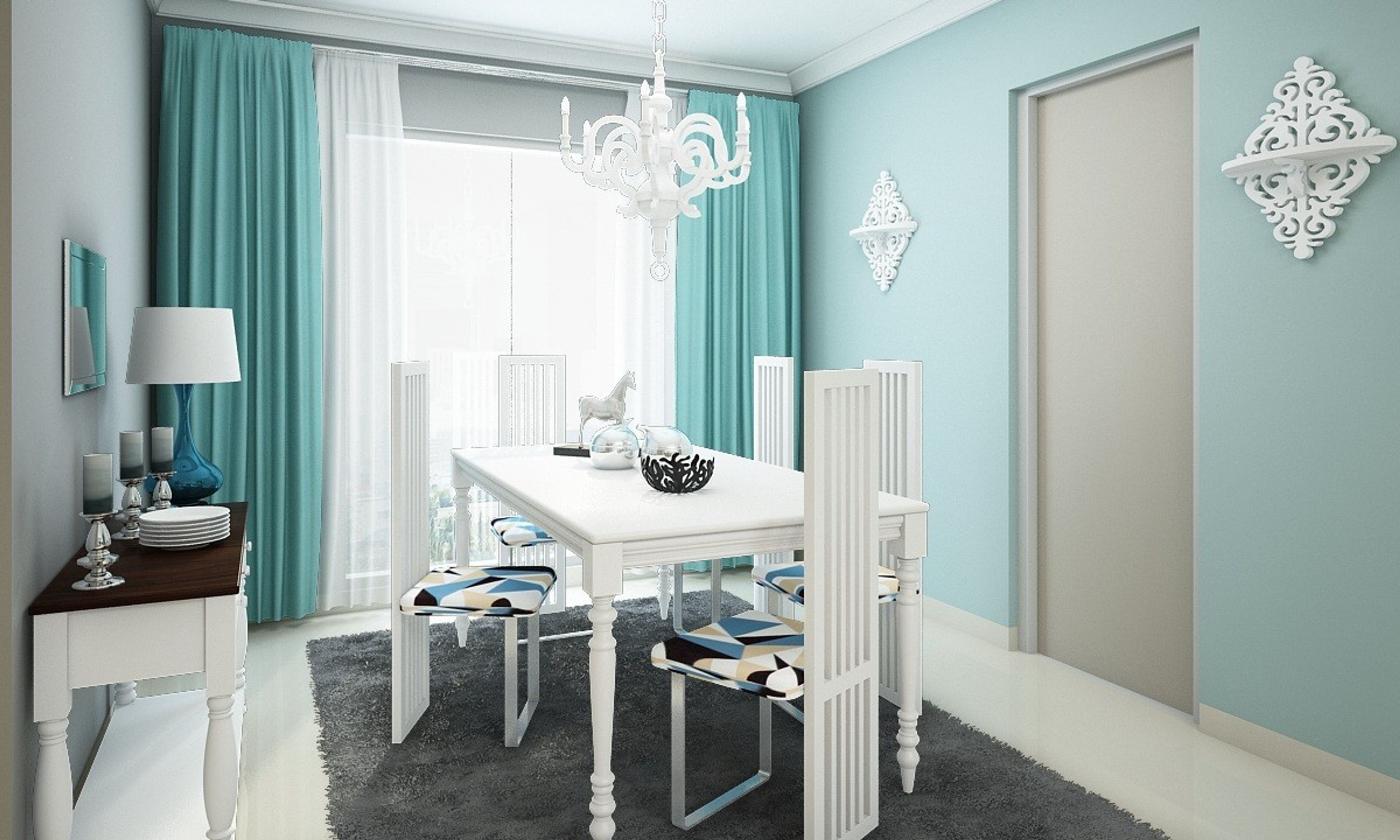 5-Seater Classic White Dining Room Design With High Chairs And Abstract Upholstery