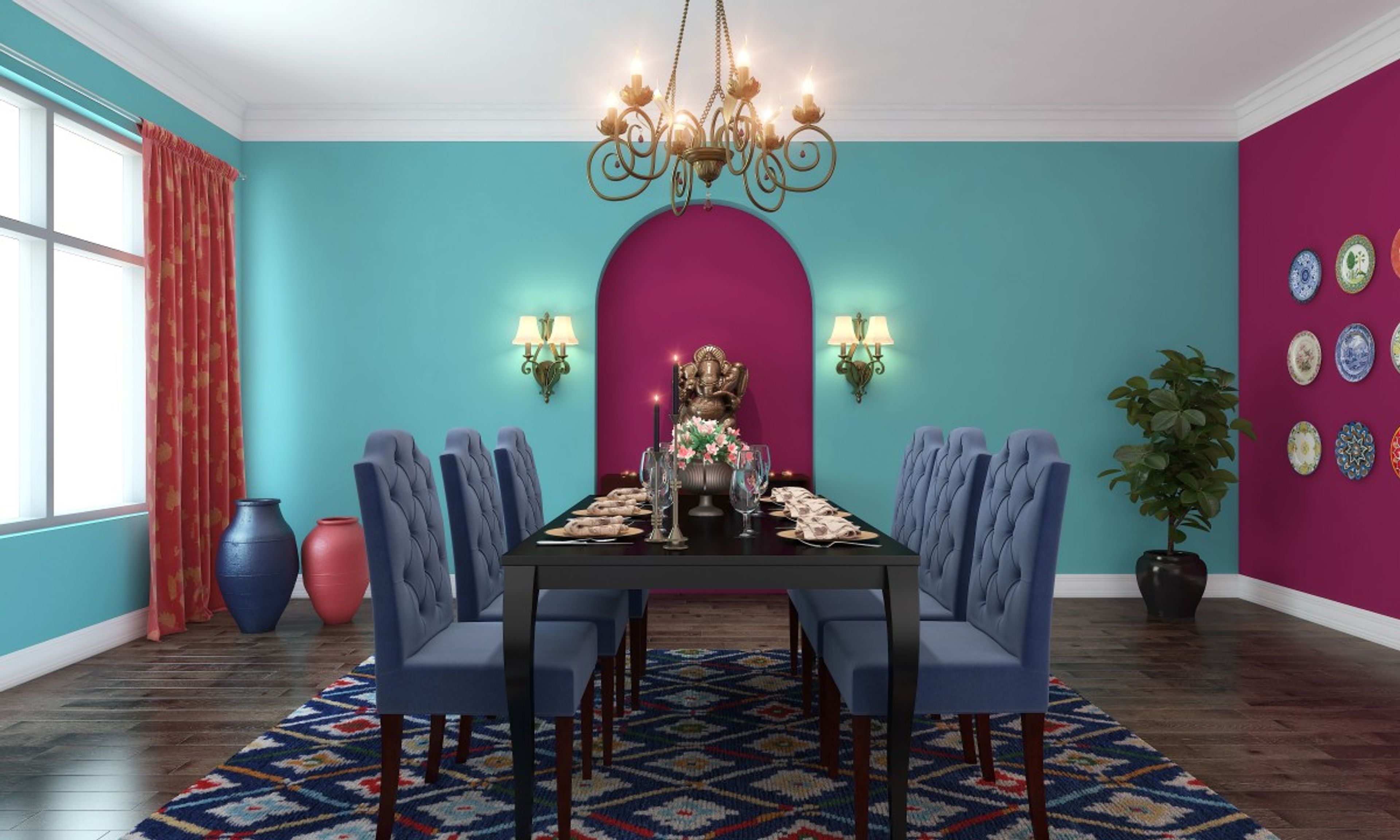Traditional 6-Seater Dining Room Design With Black And Blue Dining Room Design