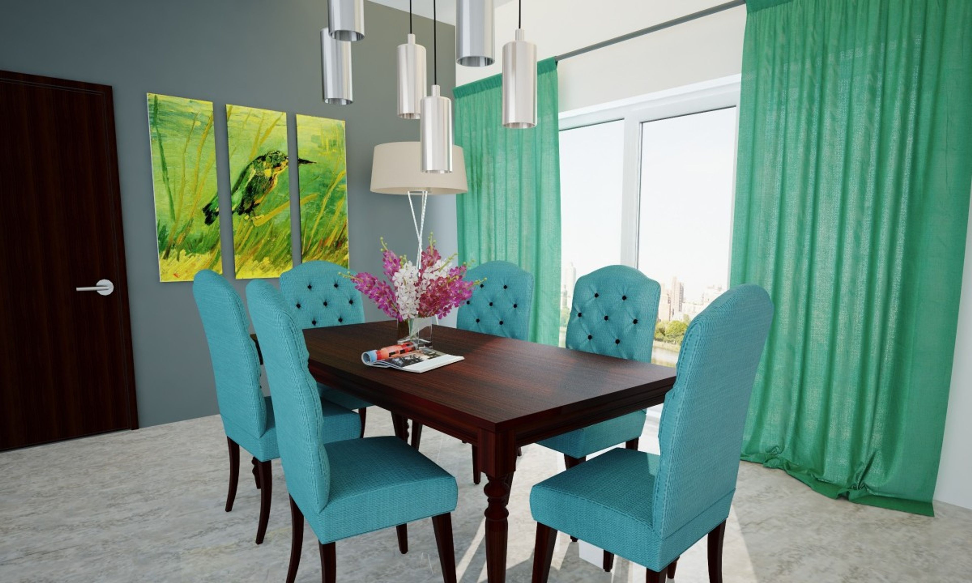 Contemporary 6-Seater Wooden Dining Room Design With Blue Tufted Chairs
