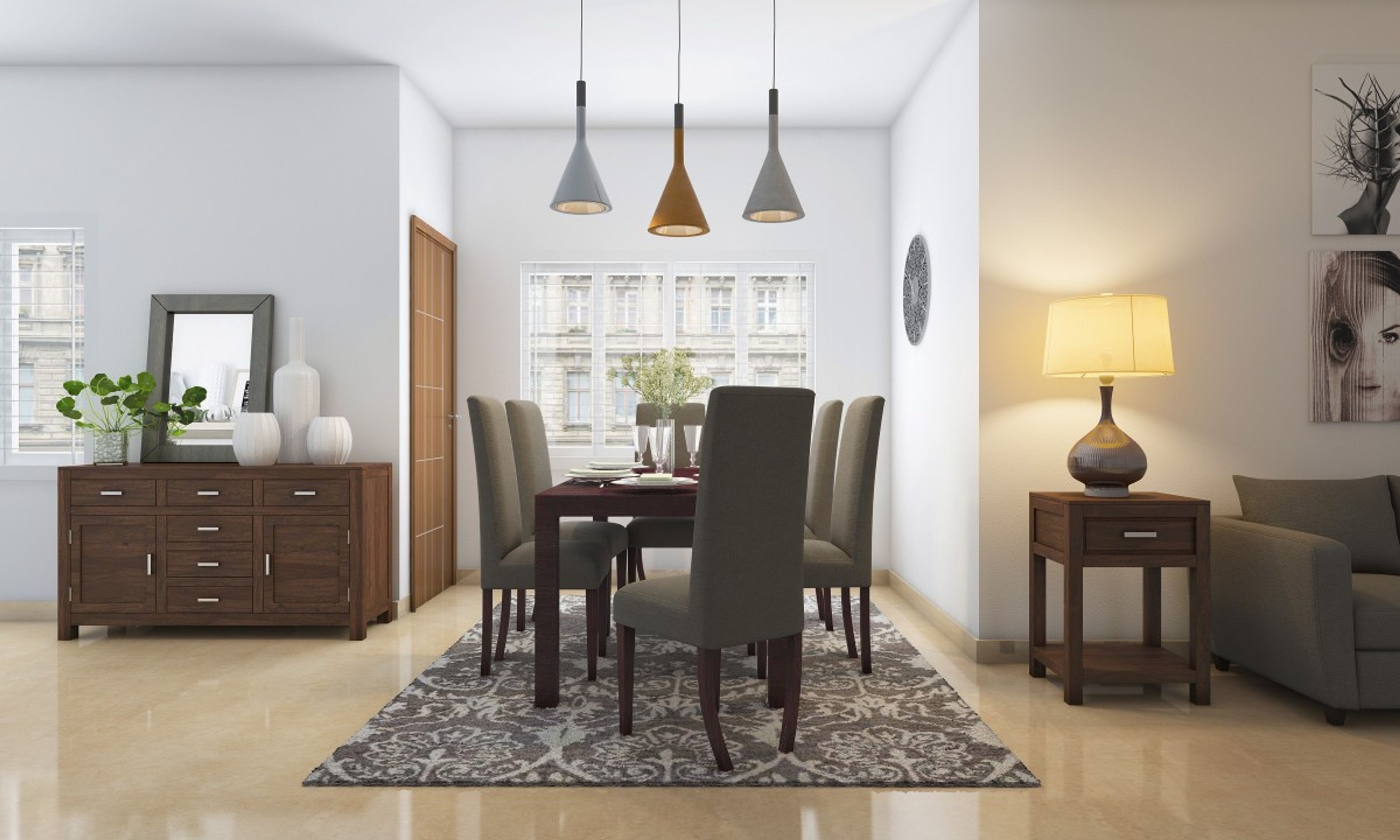 Modern Grey And Wood Dining Room Design With Low Chairs