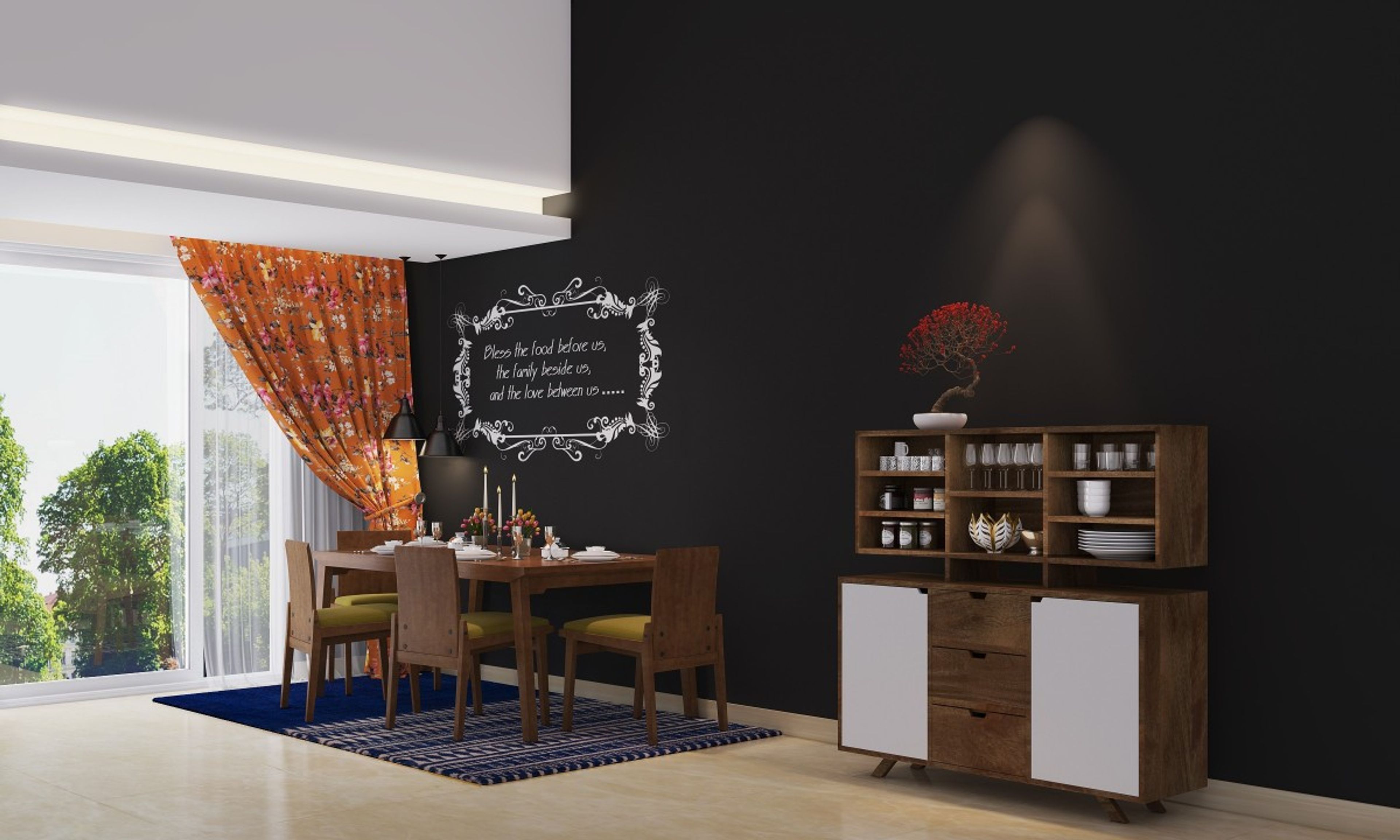 Contemporary 4-Seater Wood And Mustard Yellow Dining Room Design With Black Accent Wall