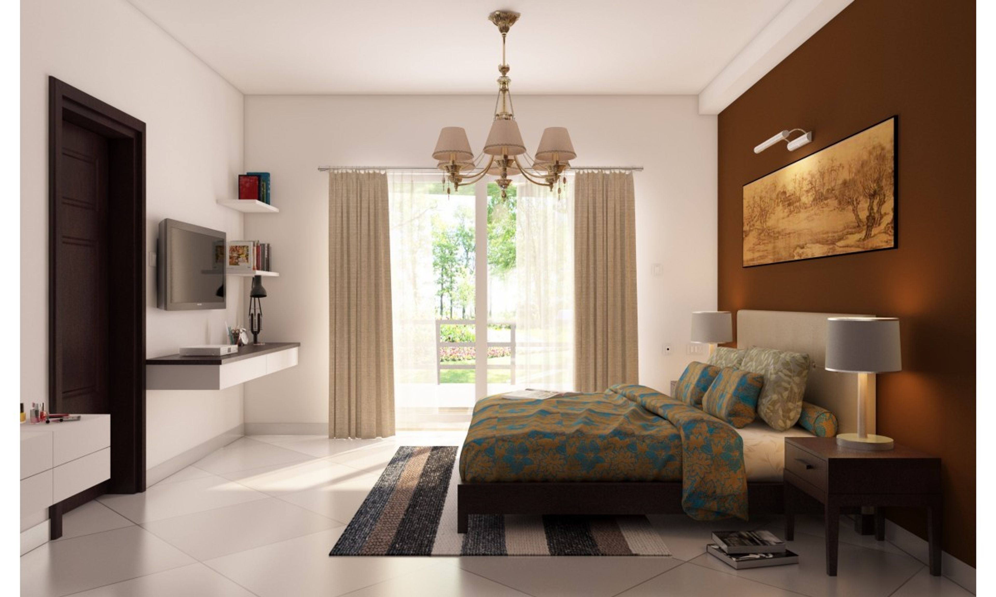 Modern Bedroom Design With Wallpaint And Chandelier