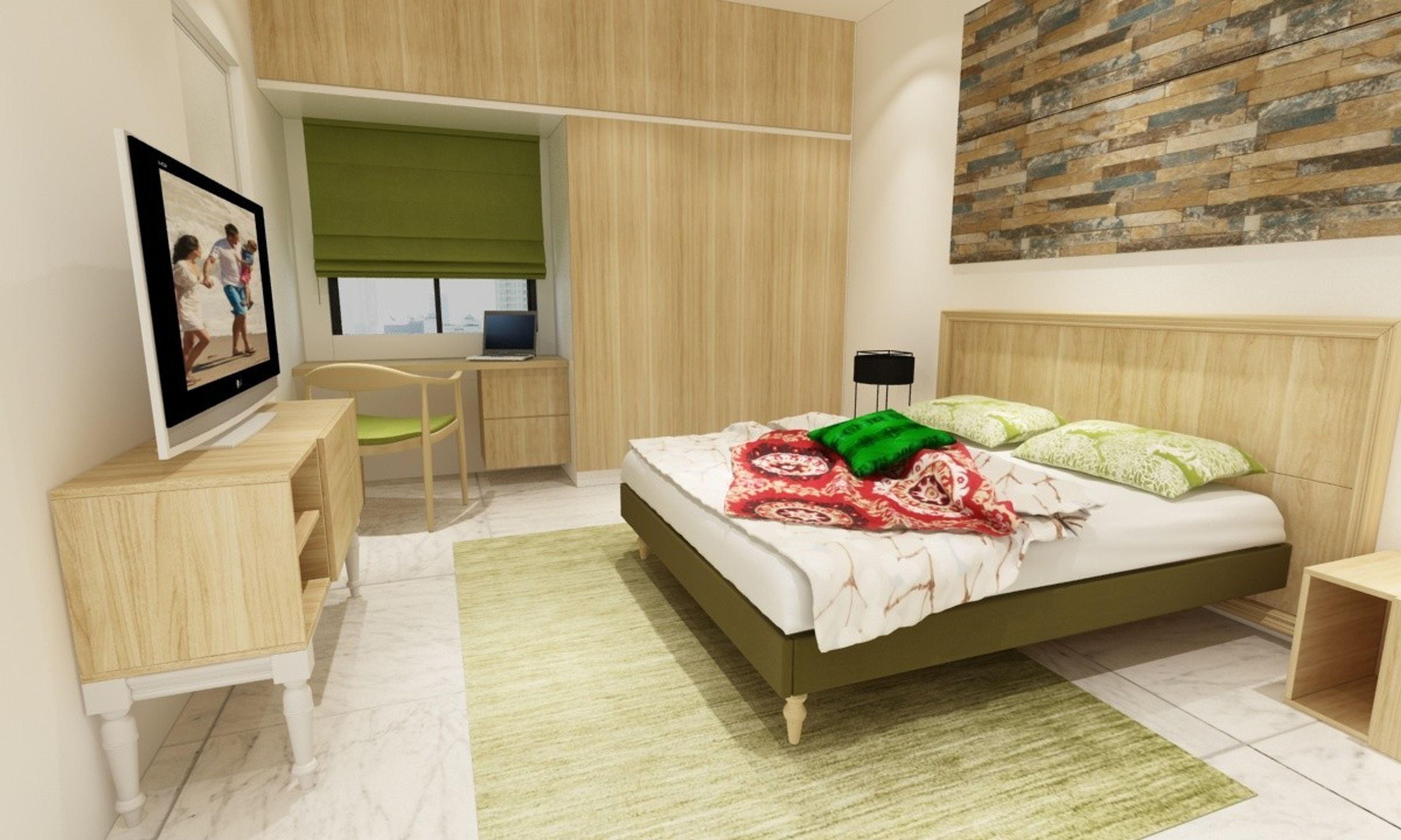 Spacious Bedroom Design With Dark Stone Panelling