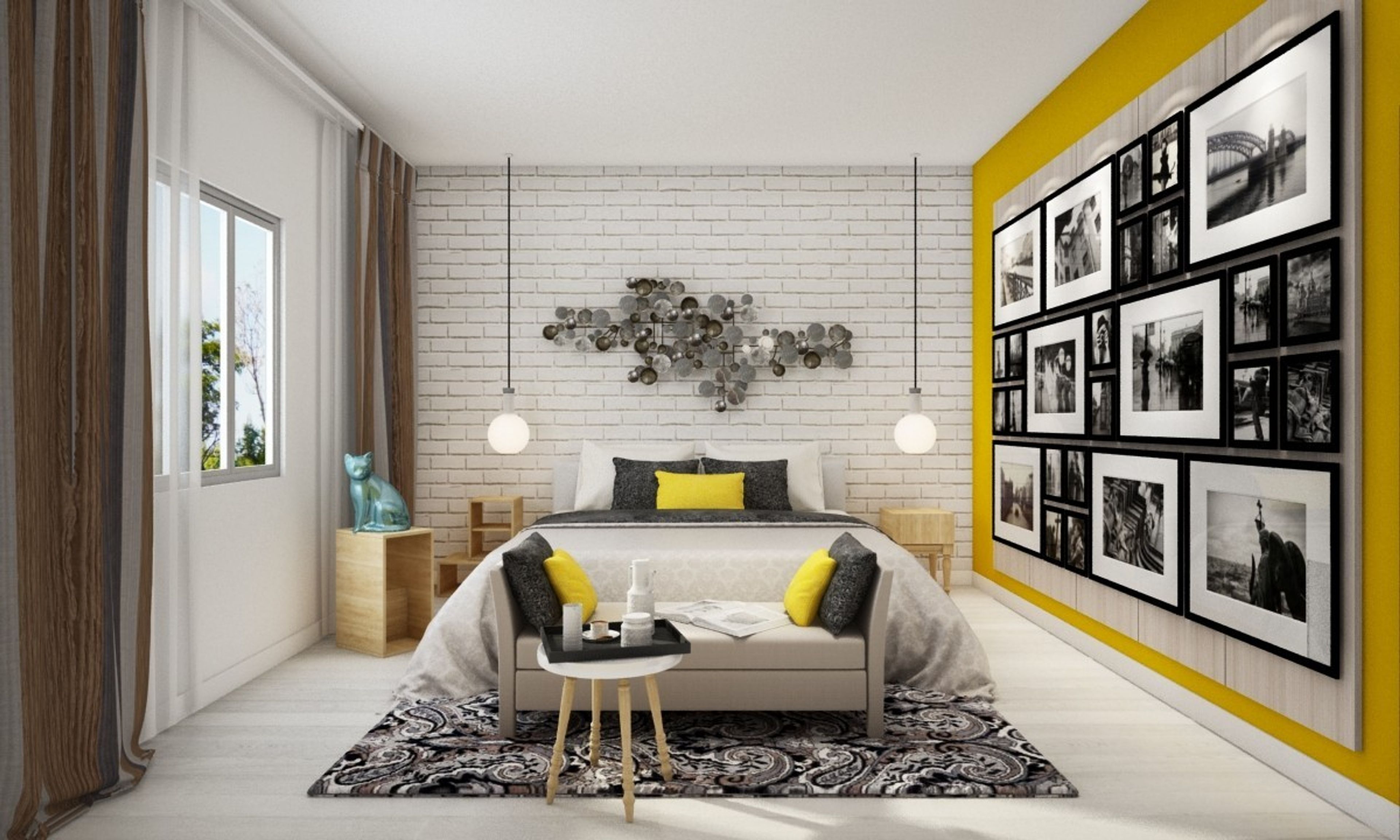 Contemporary Bedroom Design With Grey And Yelow Interiors