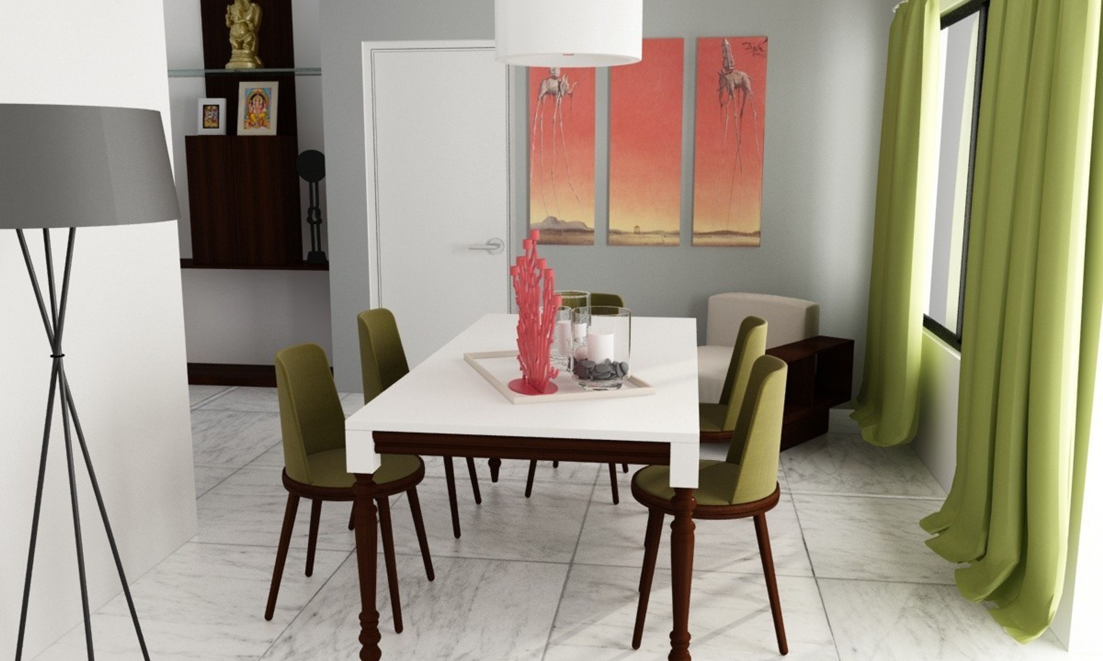 Classic White And Olive Green Dining Room Design With White Countertop