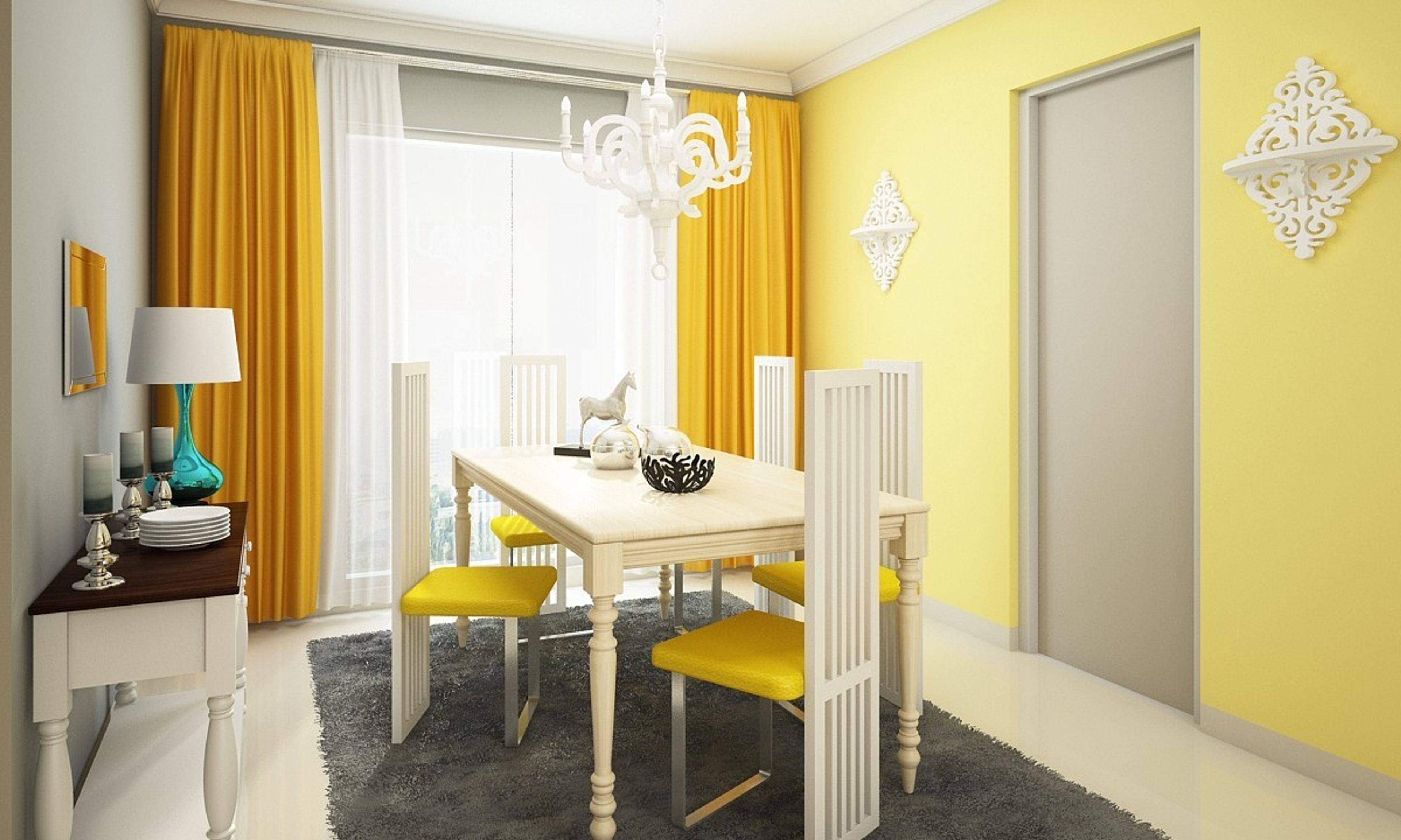 White And Yellow Classic 5-Seater Dining Room Design