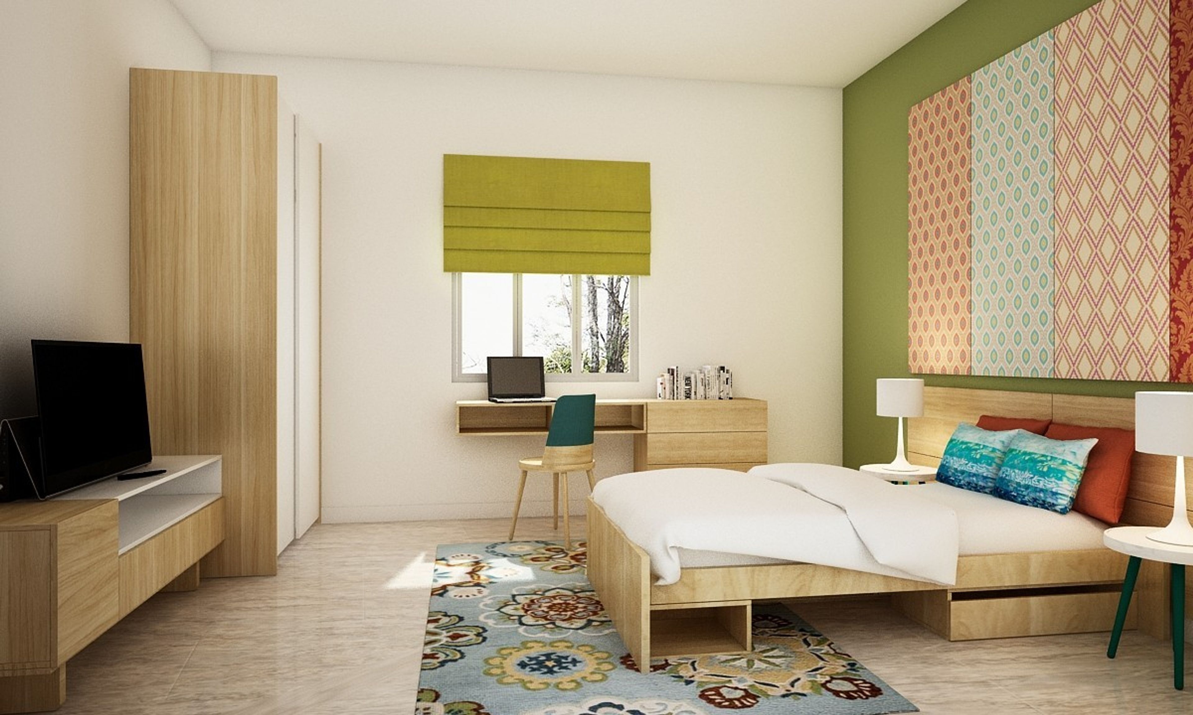 Contemporary Kid's Room Design With Green And White Interiors And Wallpaint