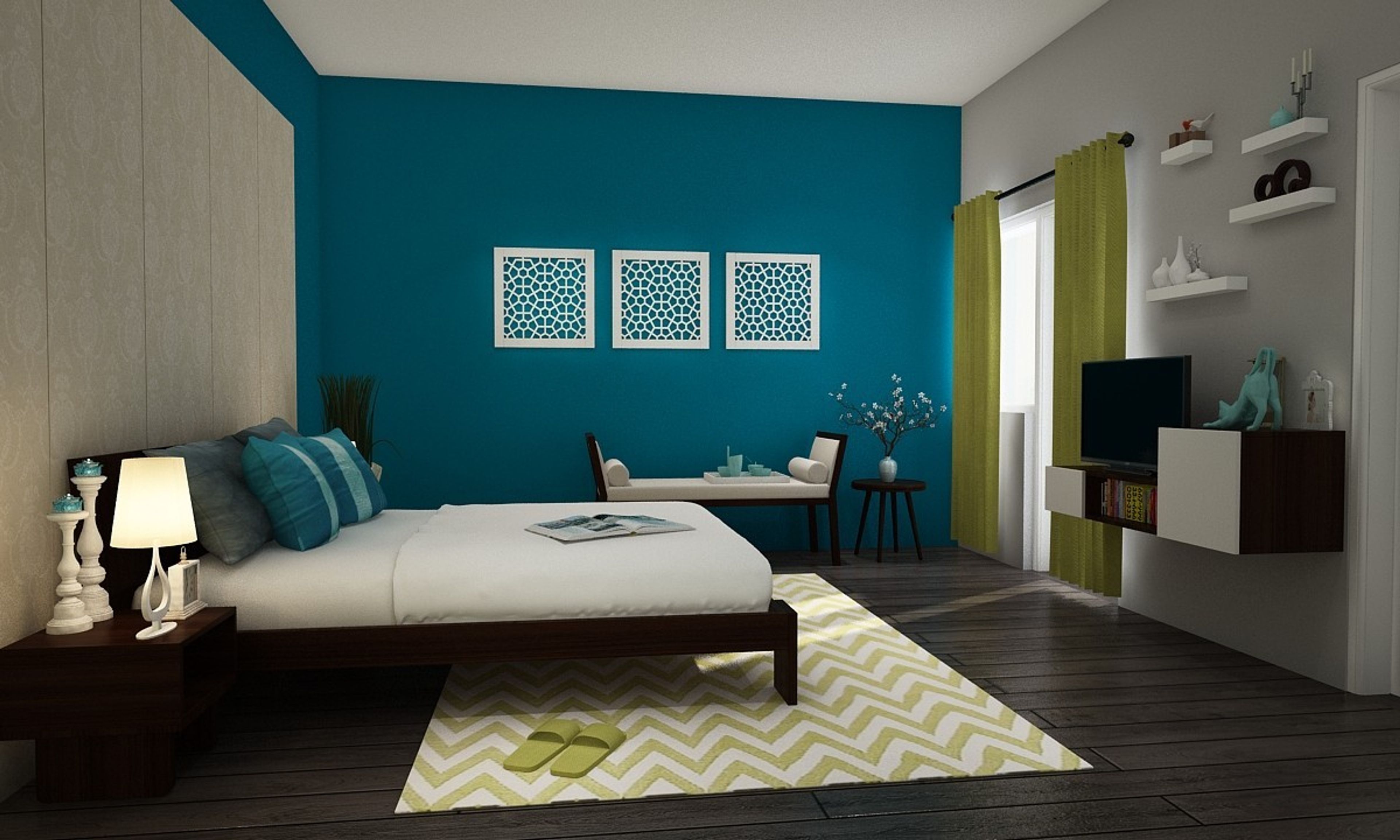 Contemporary Master Bedroom Design With Beige Wall Panelling