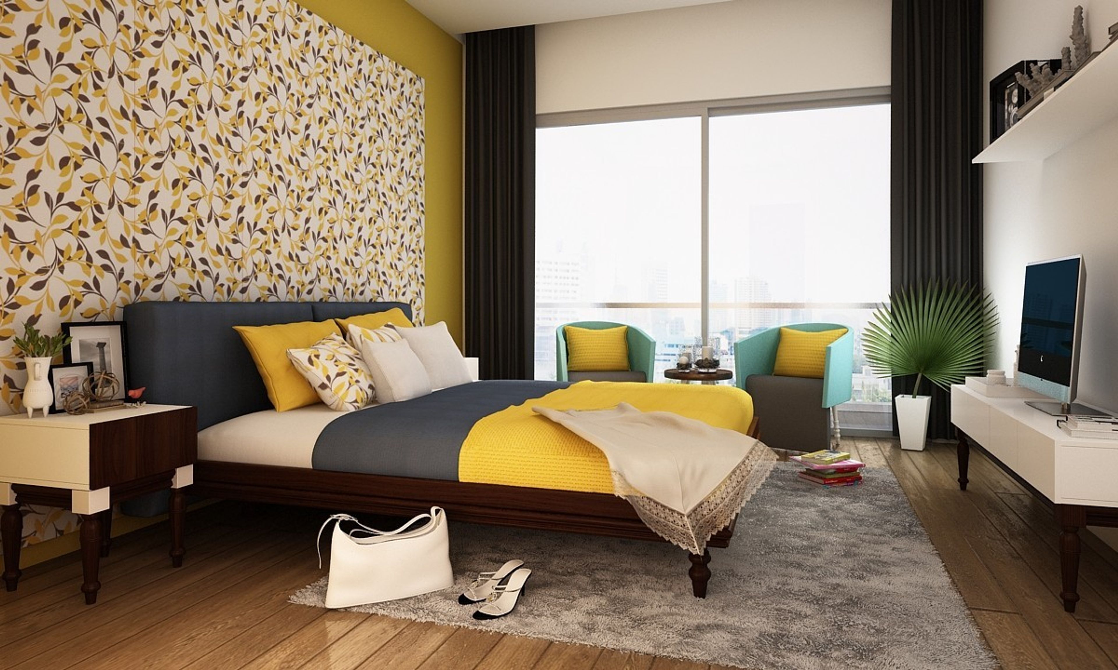 Spacious Yellow And White Bedroom Design With Floral Wallpaper