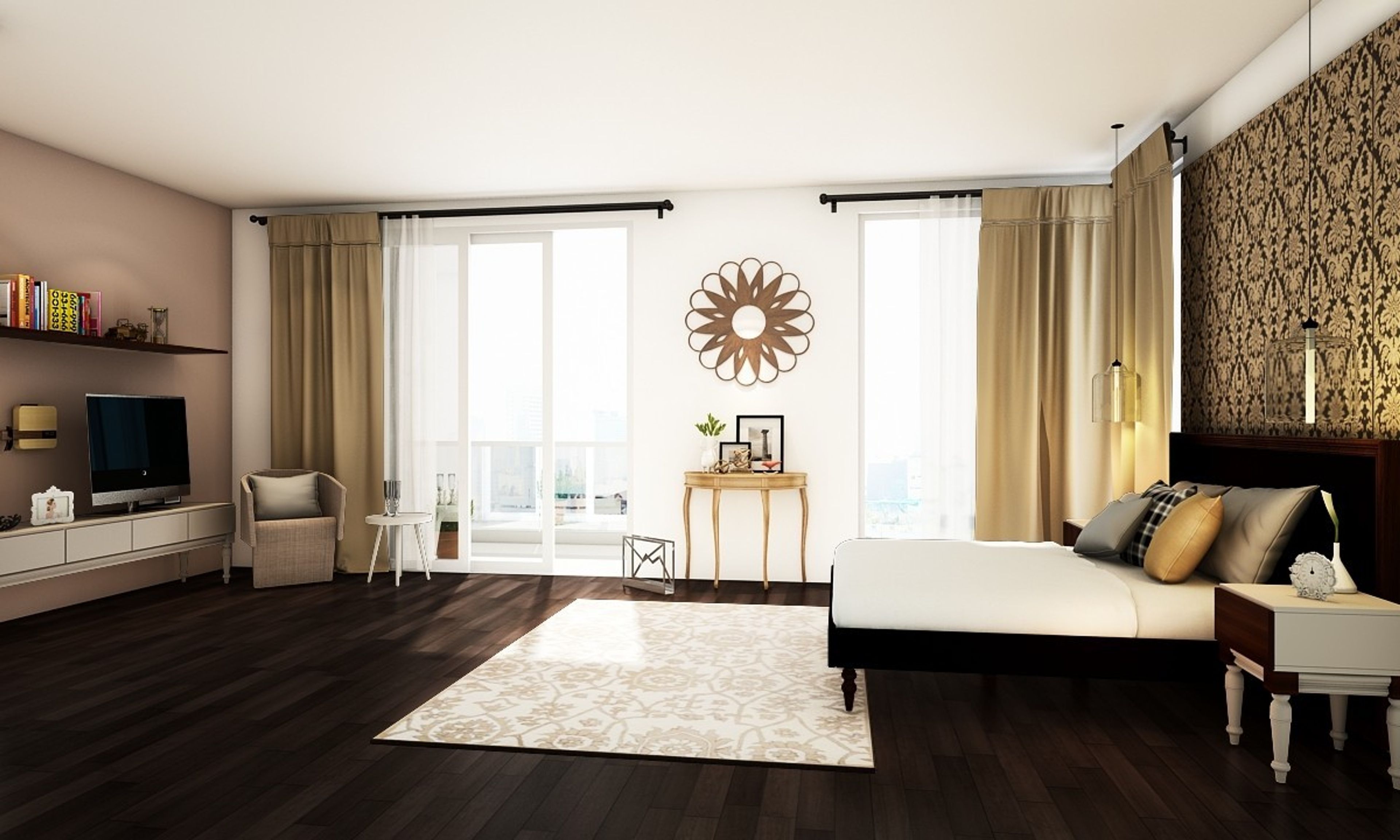 Spacious Master Bedroom Design With Golden Finish Wallpaper