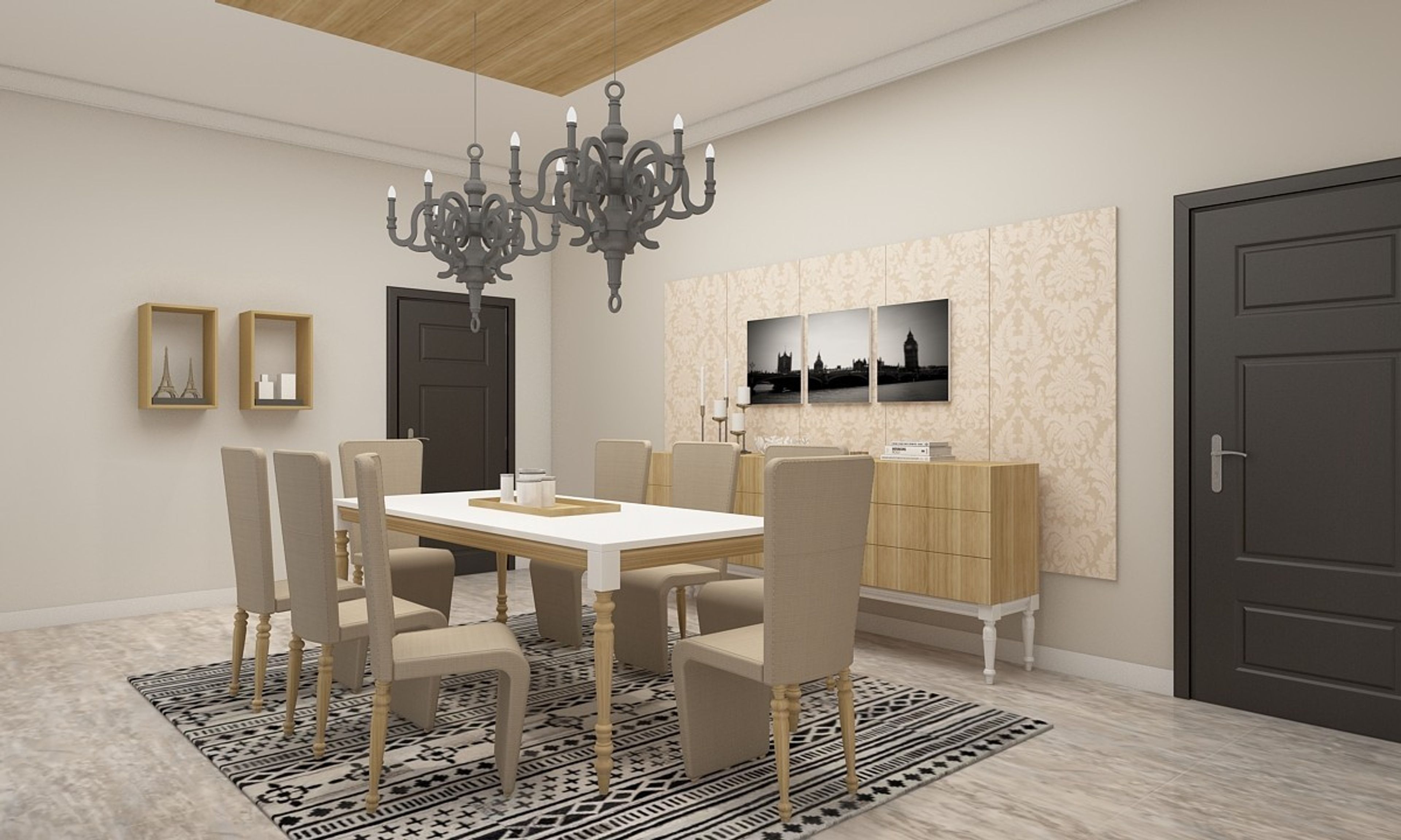 Contemporary White And Beige 8-Seater Dining Room Design