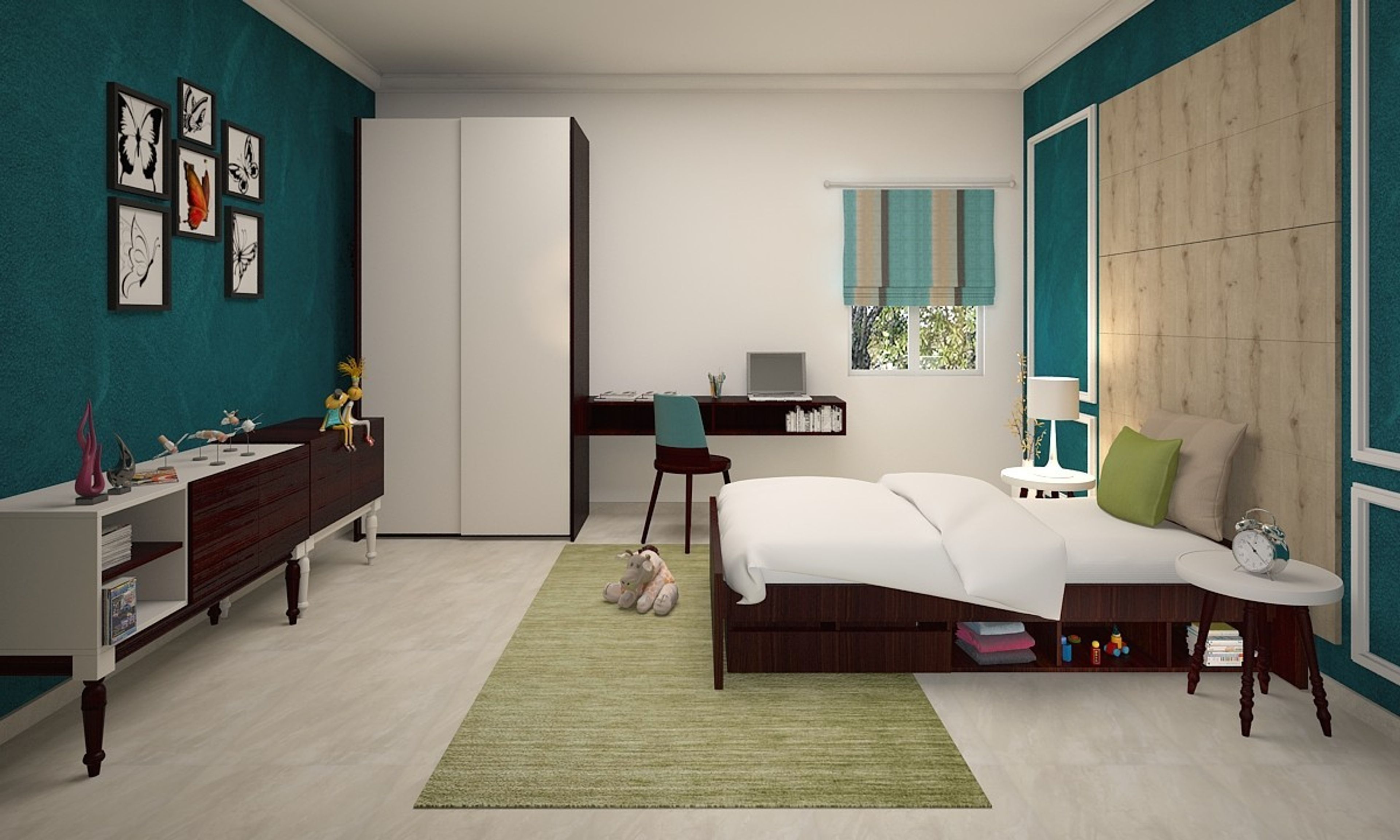 Contemporary Blue And White Kid's Room Design With Beige Textured Wallpaper