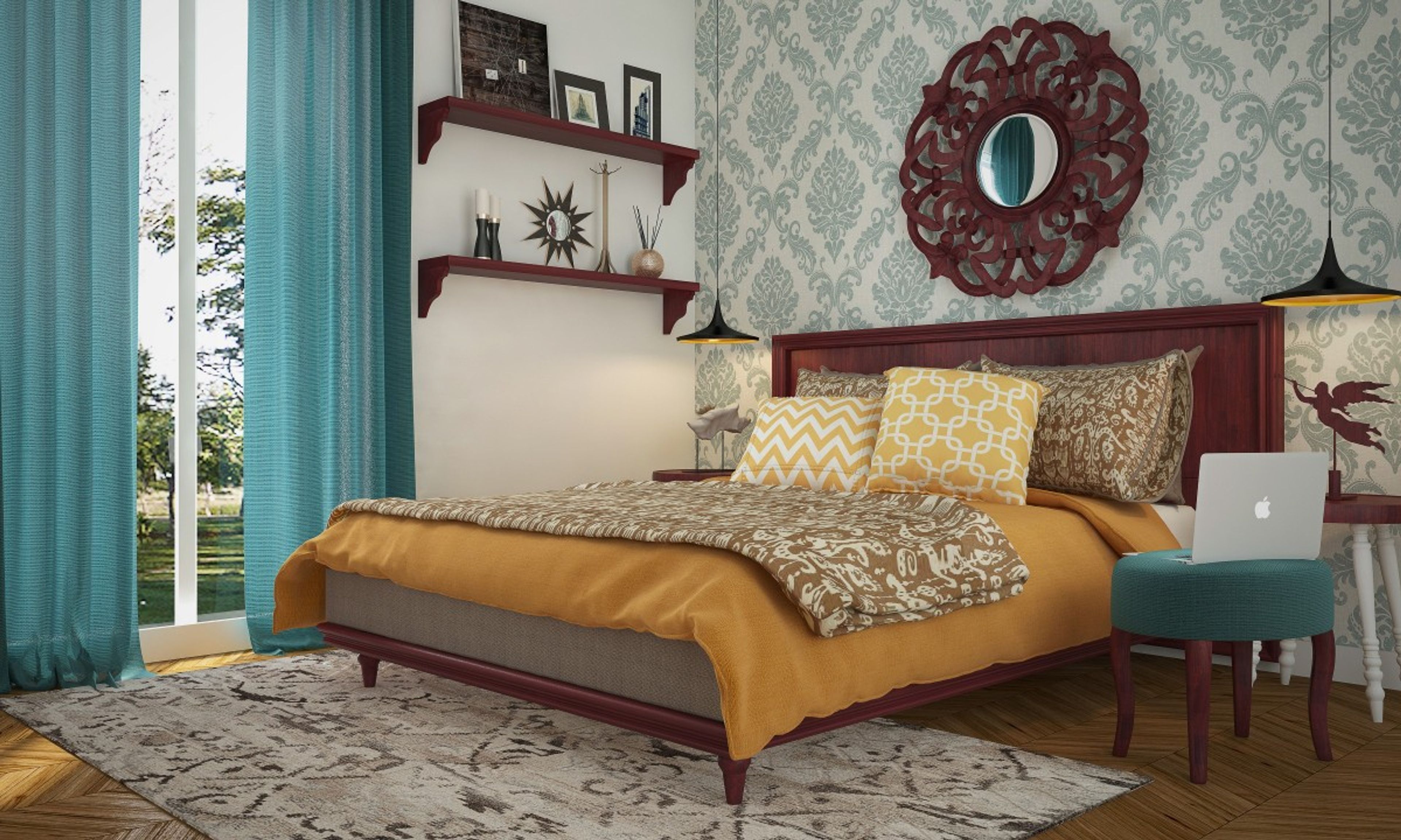 Classic Master Bedroom Design With Cherry Brown And White Interiors