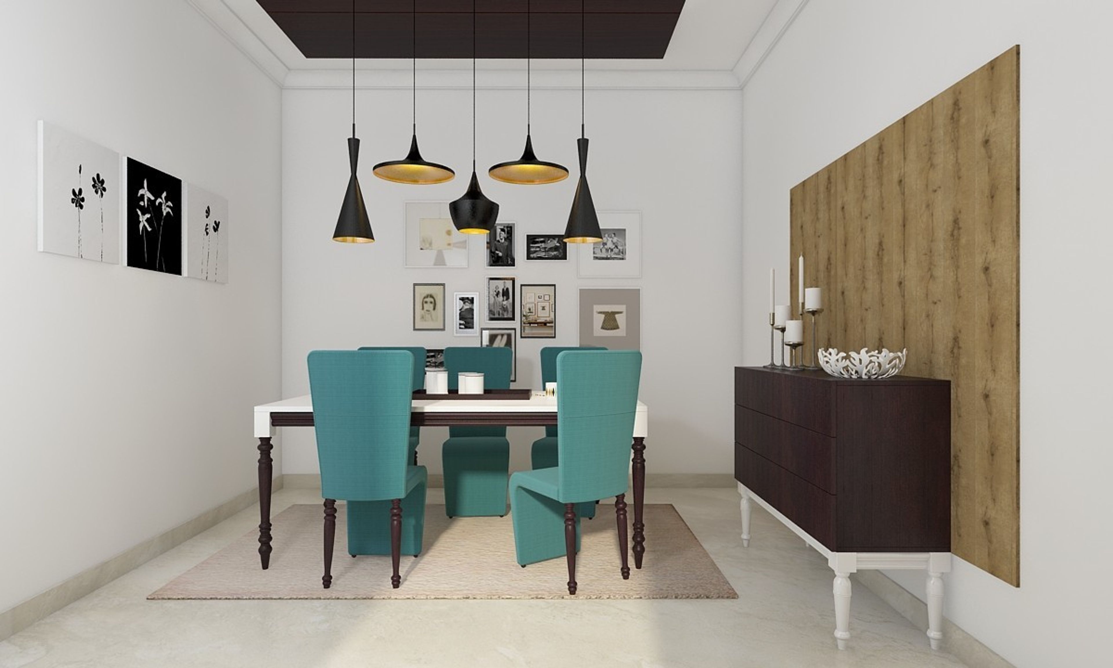 Classic 6-Seater Dining Room Design With Blue Chairs