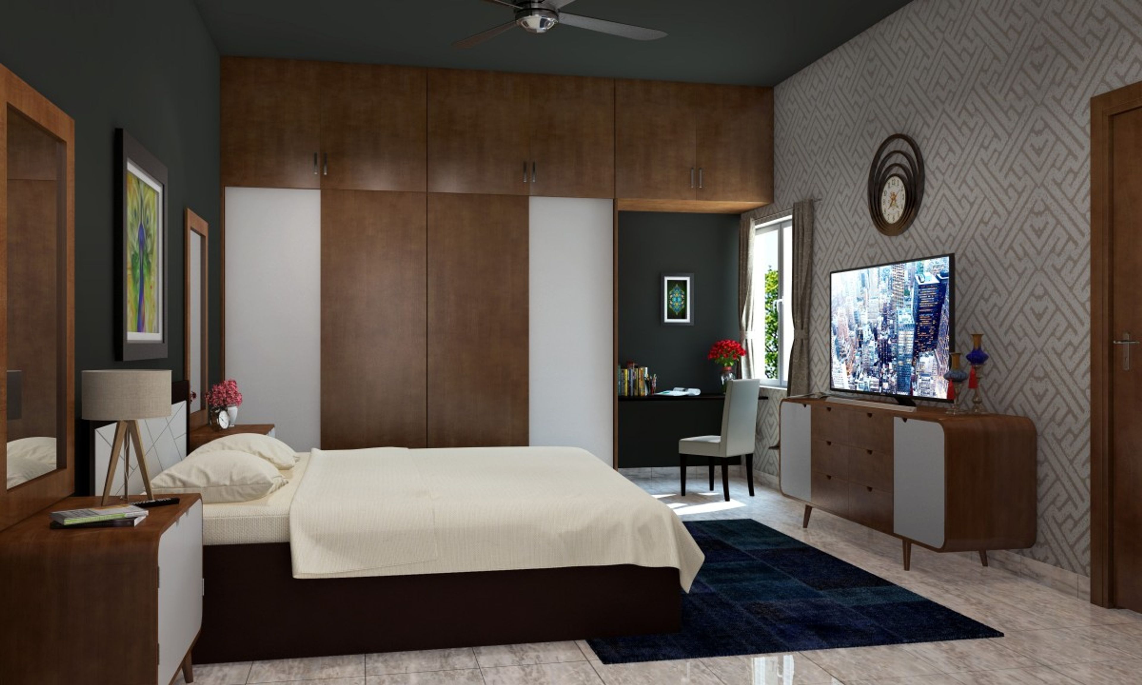 Spacious Grey And Brown Bedroom Design With Wallpaint