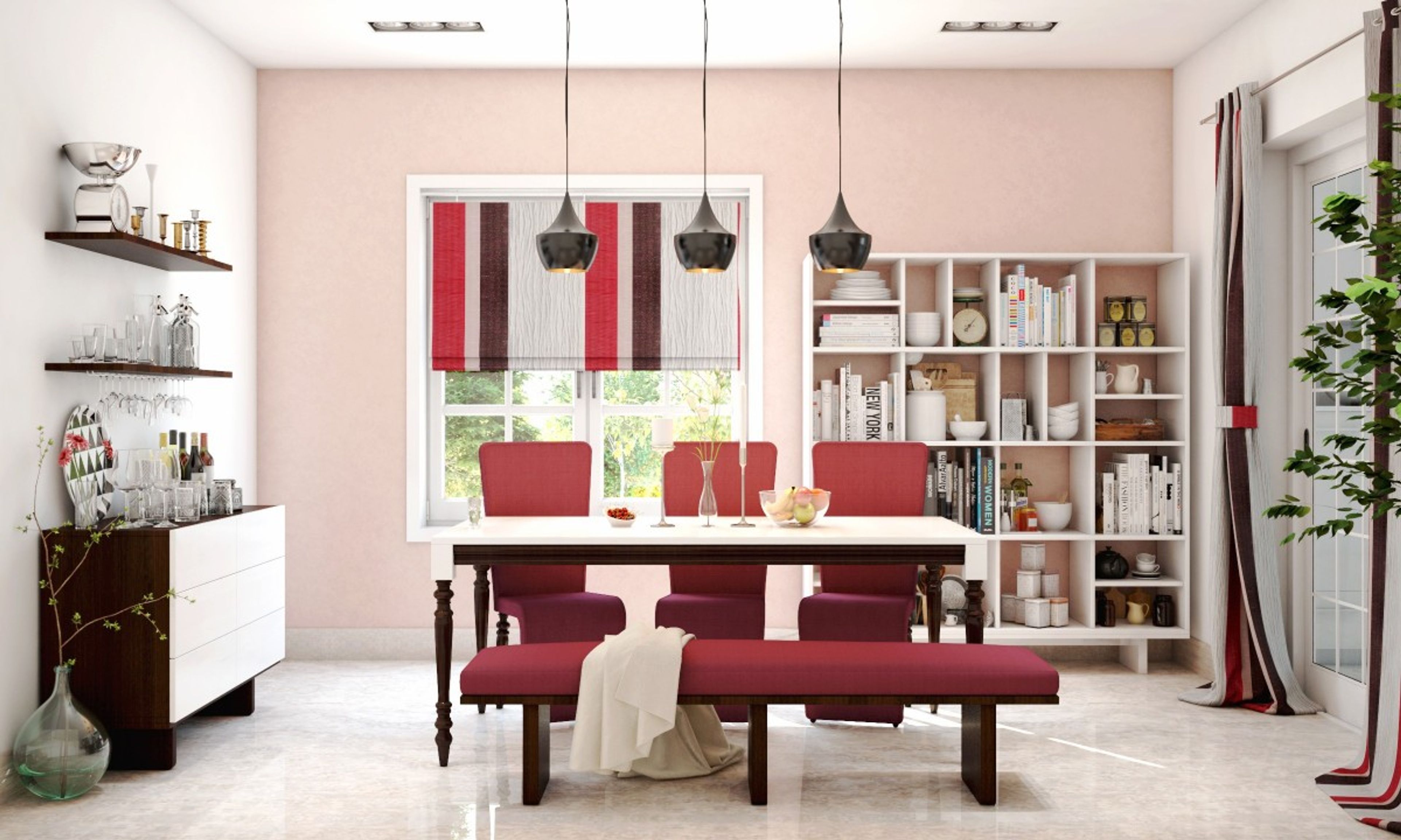Contemporary 3-Seater White And Red Dining Room Design With Long Bench