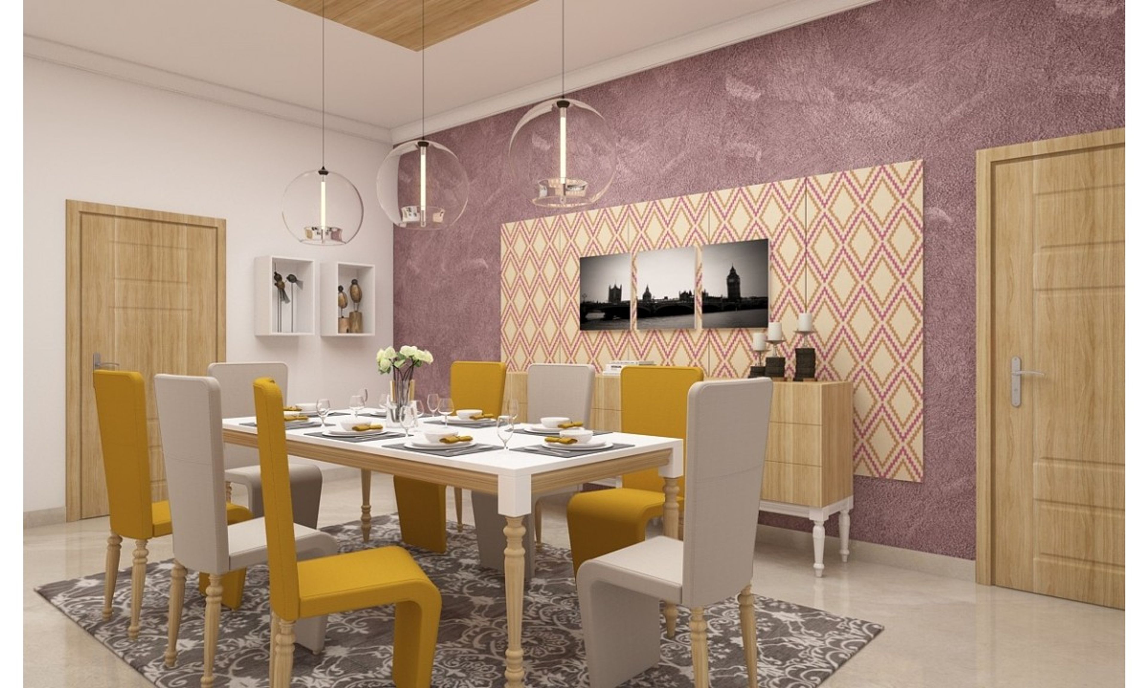 Modern Beige And Yellow 8-Seater Dining Room Design