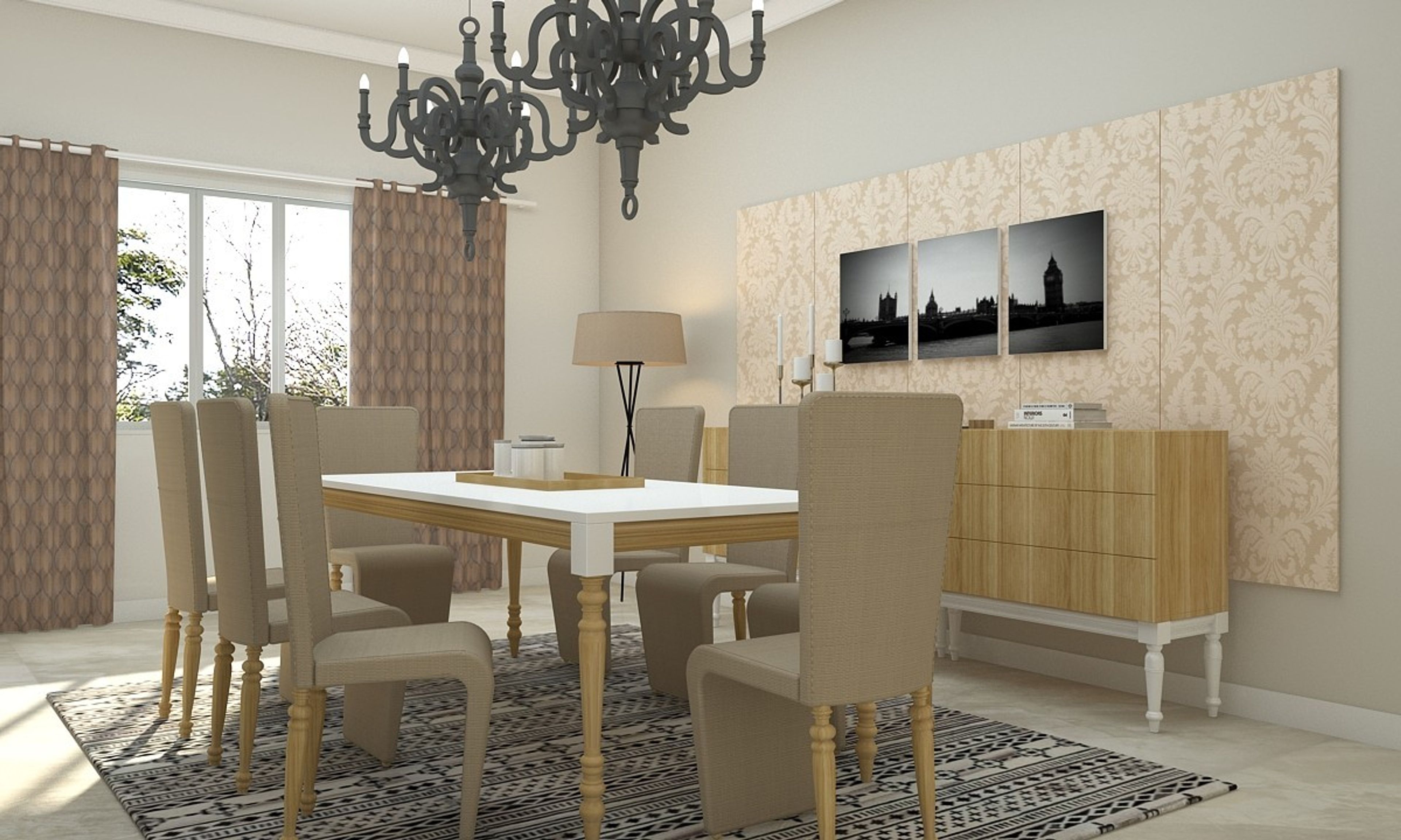 Classic 8-Seater Dining Room Design With Beige Chairs