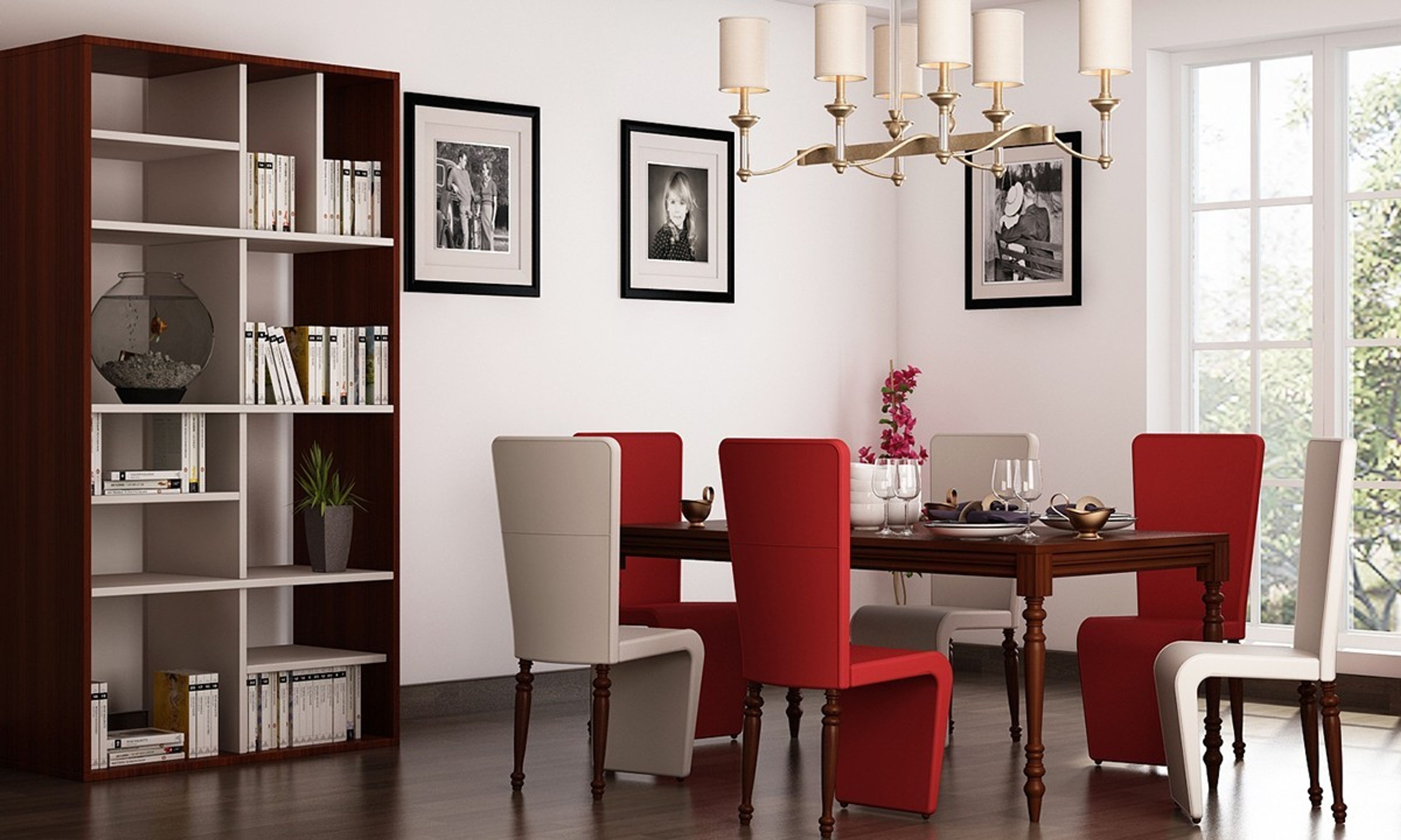 Modern 6-Seater Dining Room Design With Red And White Chairs