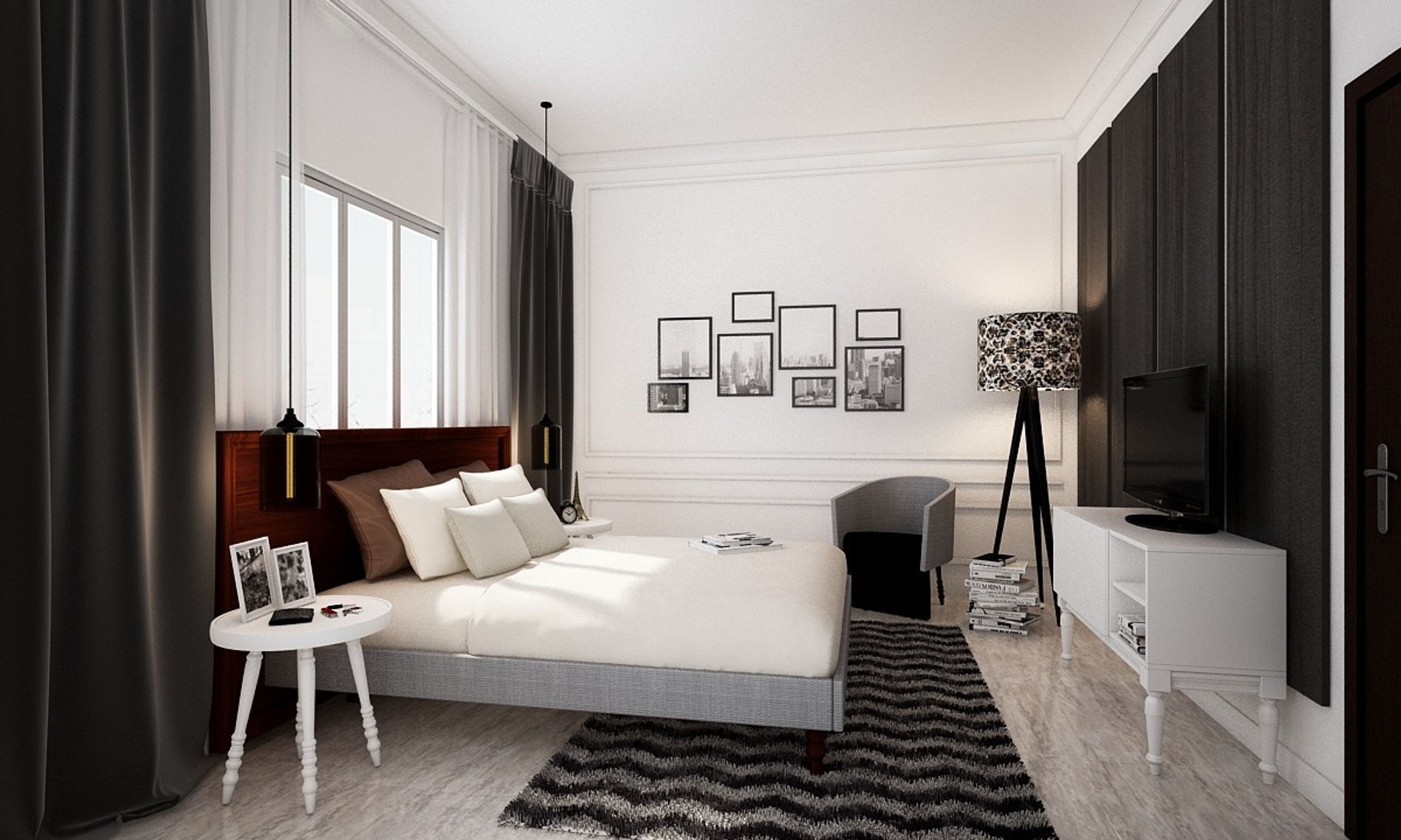 Classic Master Bedroom Design In White And Brown With Wallpaint