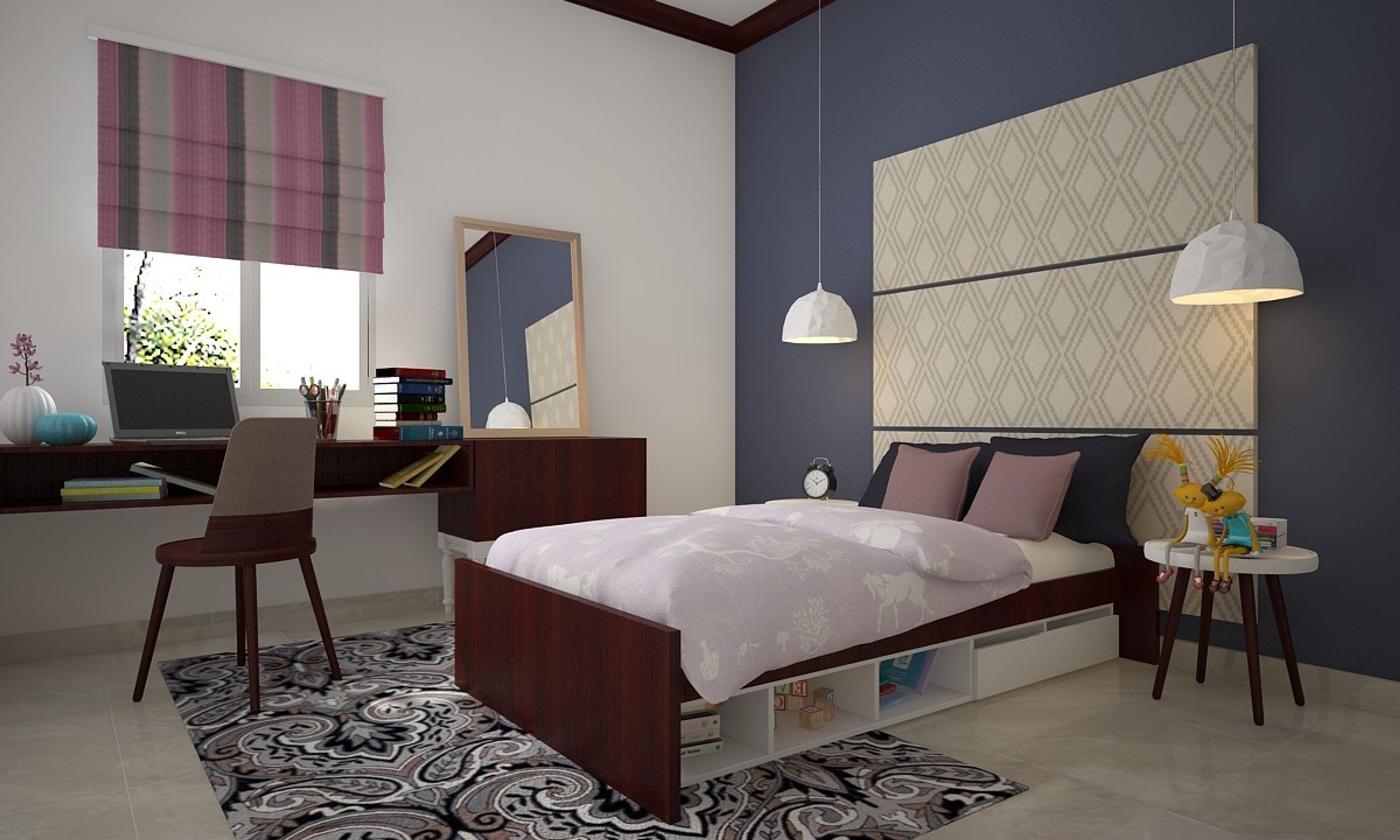 Spacious Dark Blue And White Kids Room For Girls