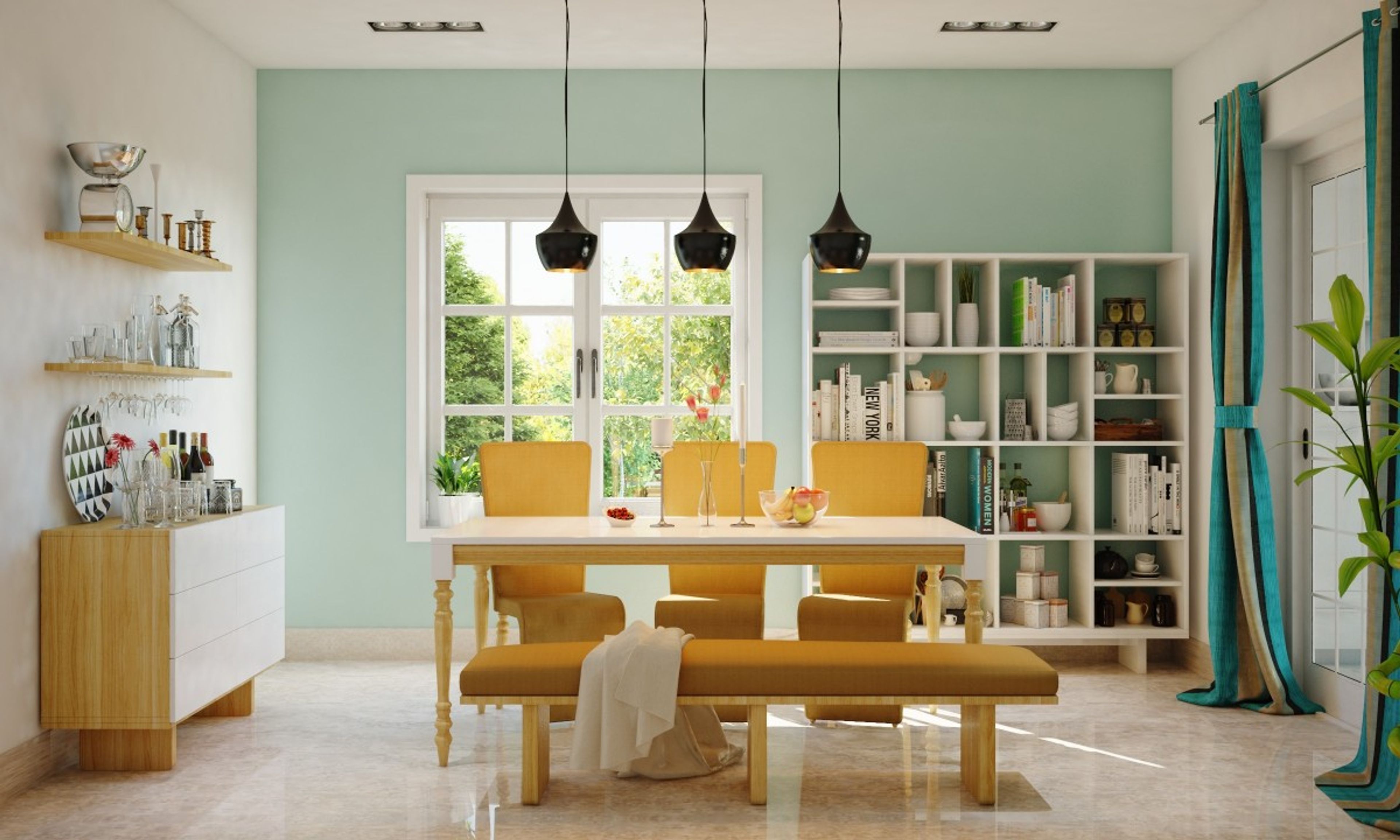 Classic White And Wood Dining Room Design With White Countertop And Bench