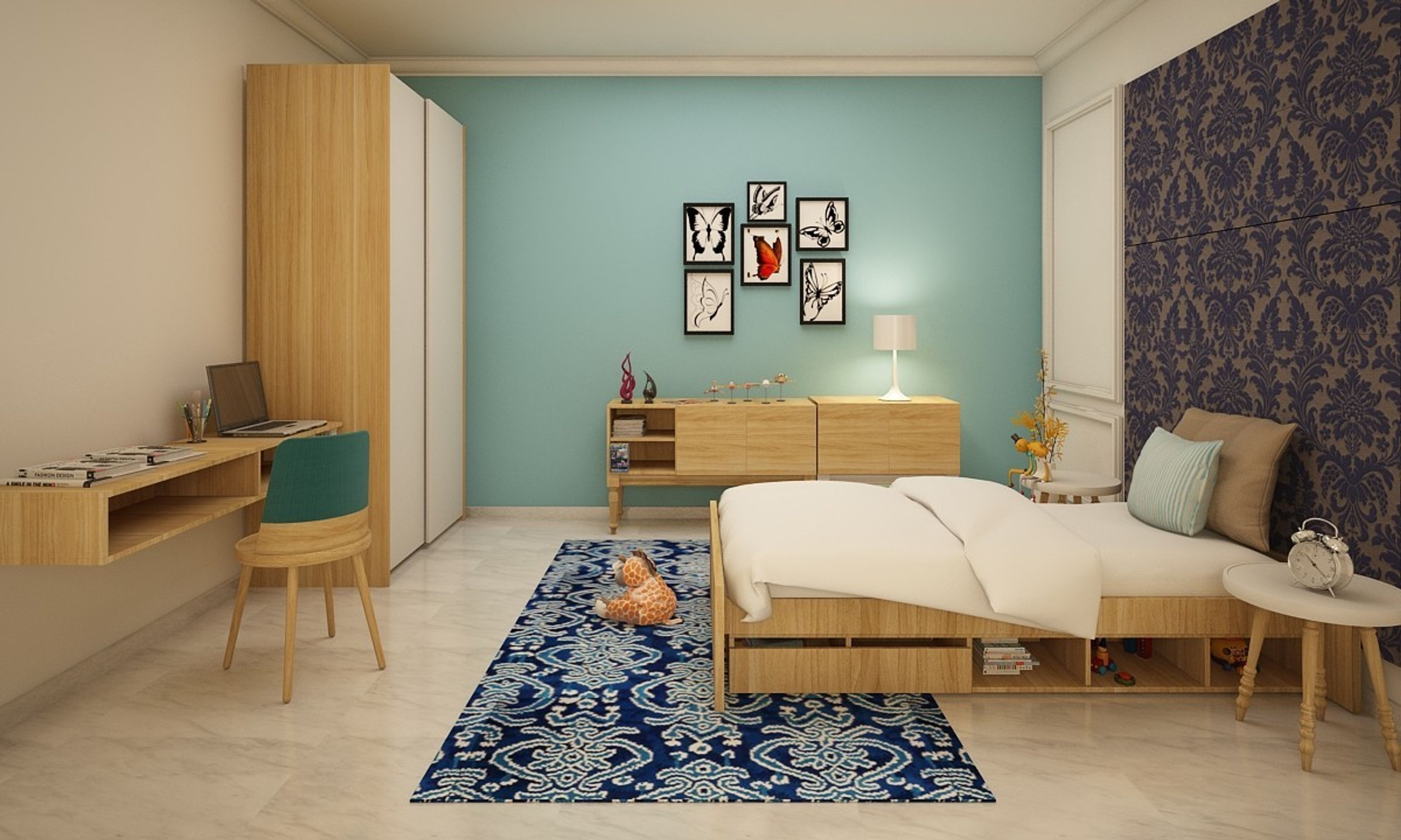 Contemporary Blue And White Kid's Bedroom Design With Wallpaper