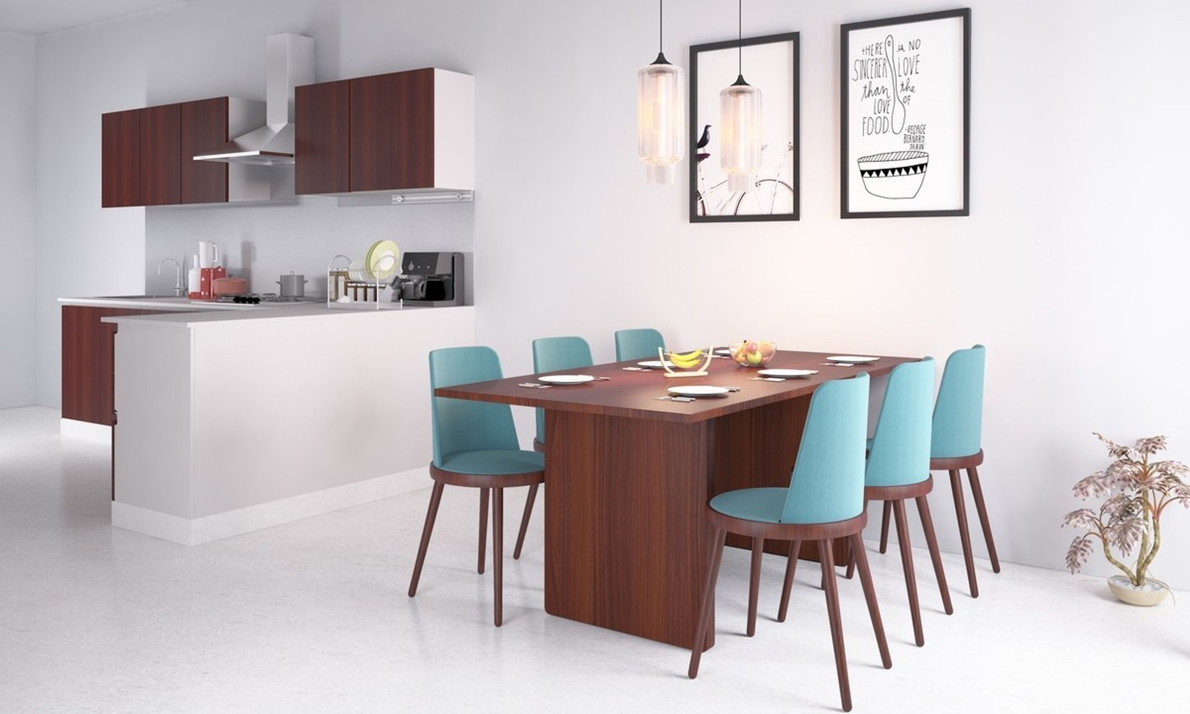 Contemporary Blue And Wood 6-Seater Dining Room Design