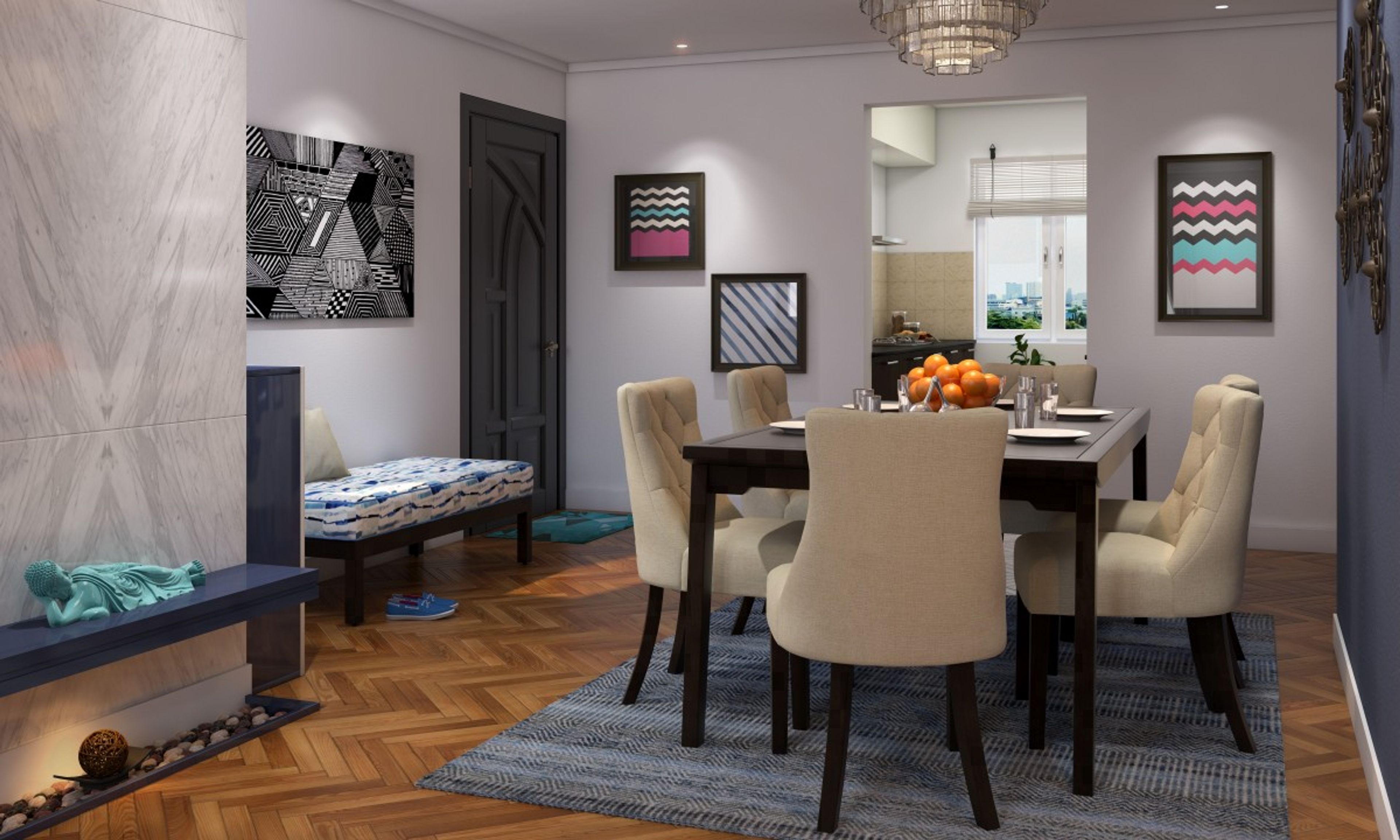 Modern 6-Seater Dining Room Design With Beige Tufted Chairs