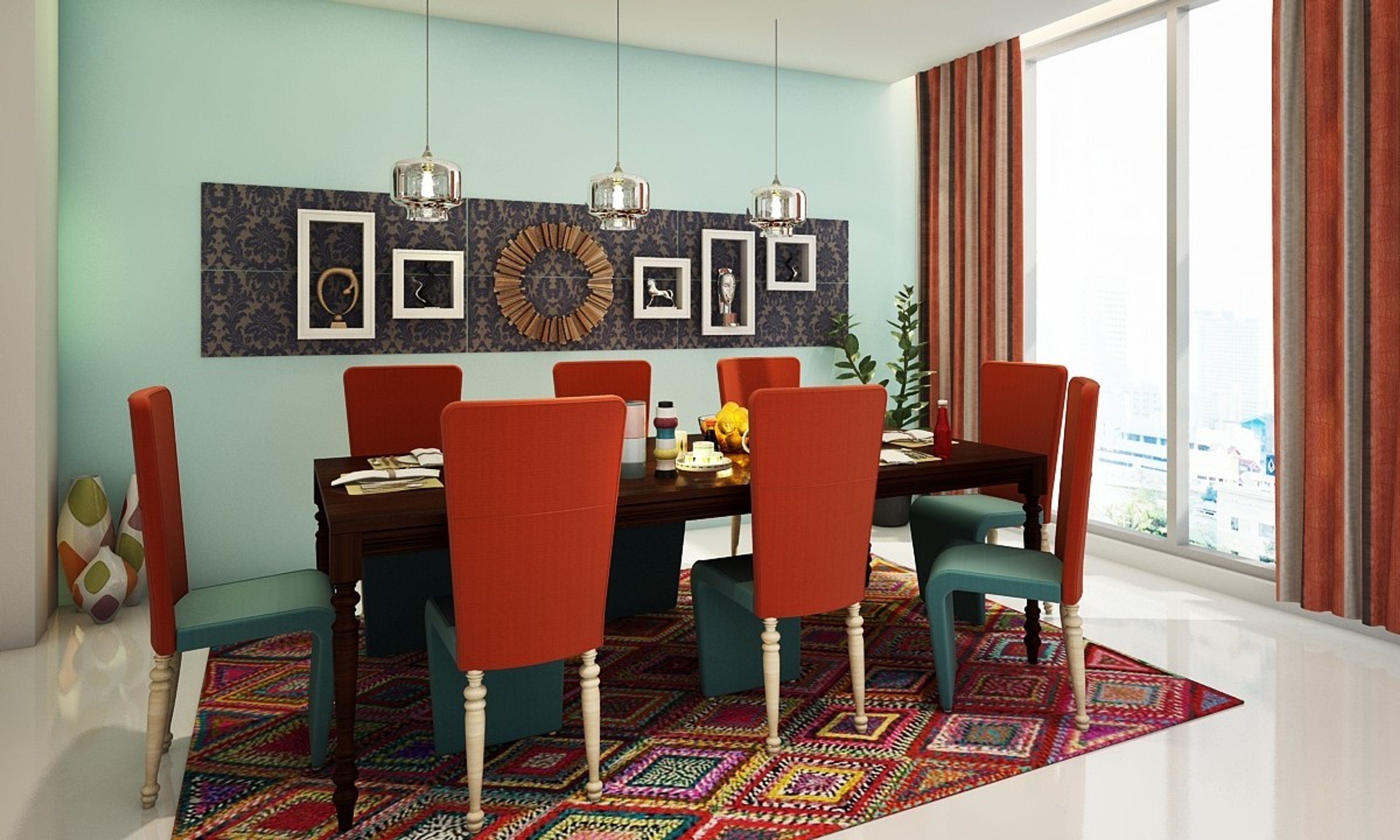 Modern 8-Seater Wooden Dining Room Design With Orange And Teal Dual-Toned Chairs