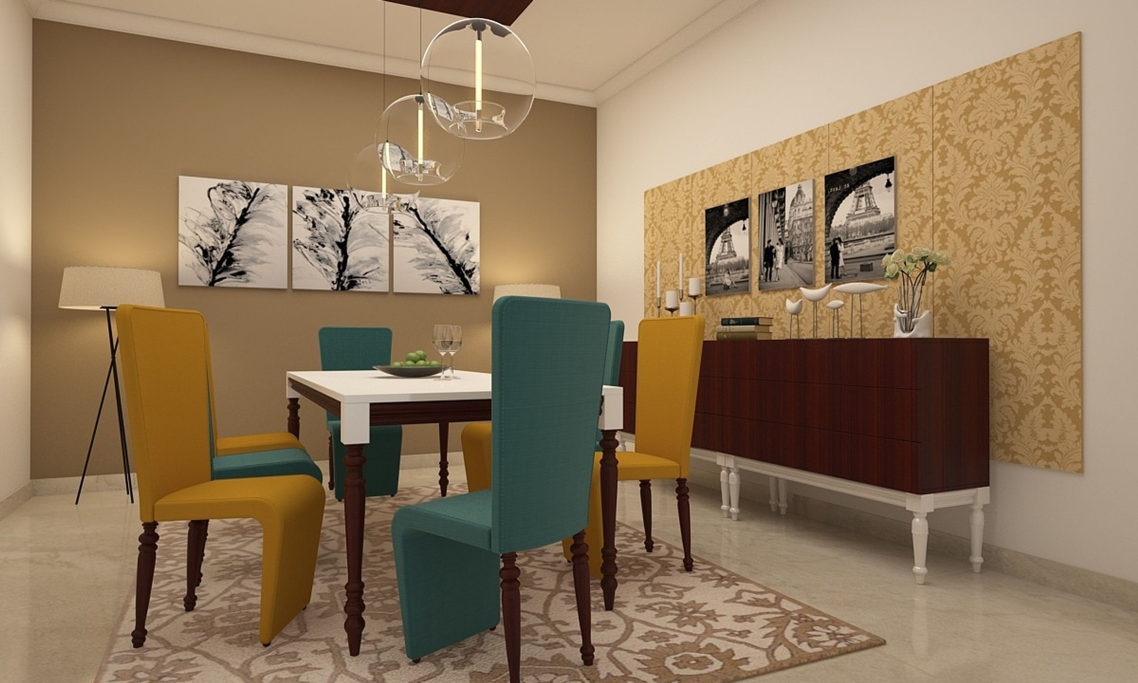 Contemporary 8-Seater Dining Room Design With Yellow And Teal Chairs