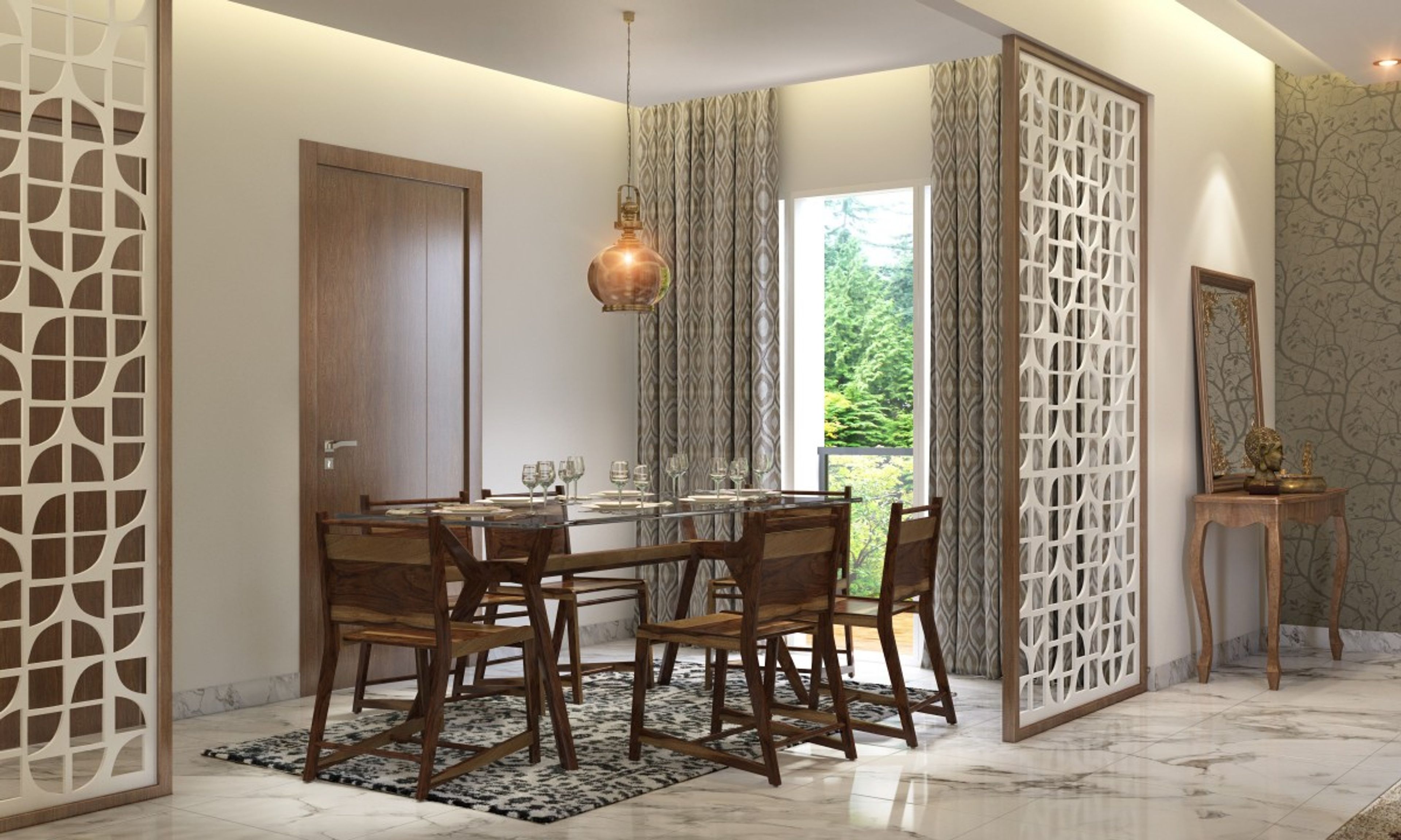 Minimal 6-Seater Wooden Dining Room Design With Glass Countertop