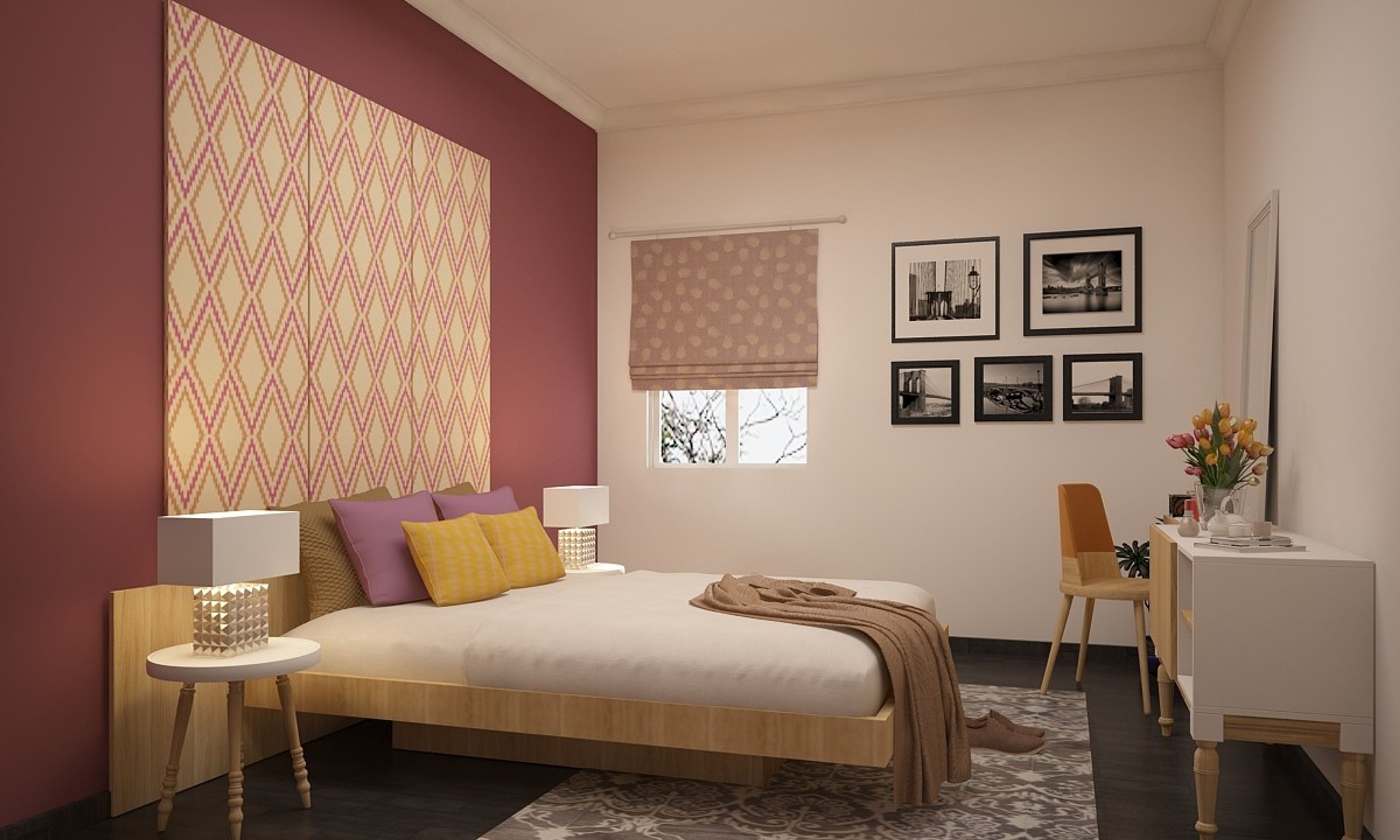 Compact Master Bedroom Design With Bed Back Panelling