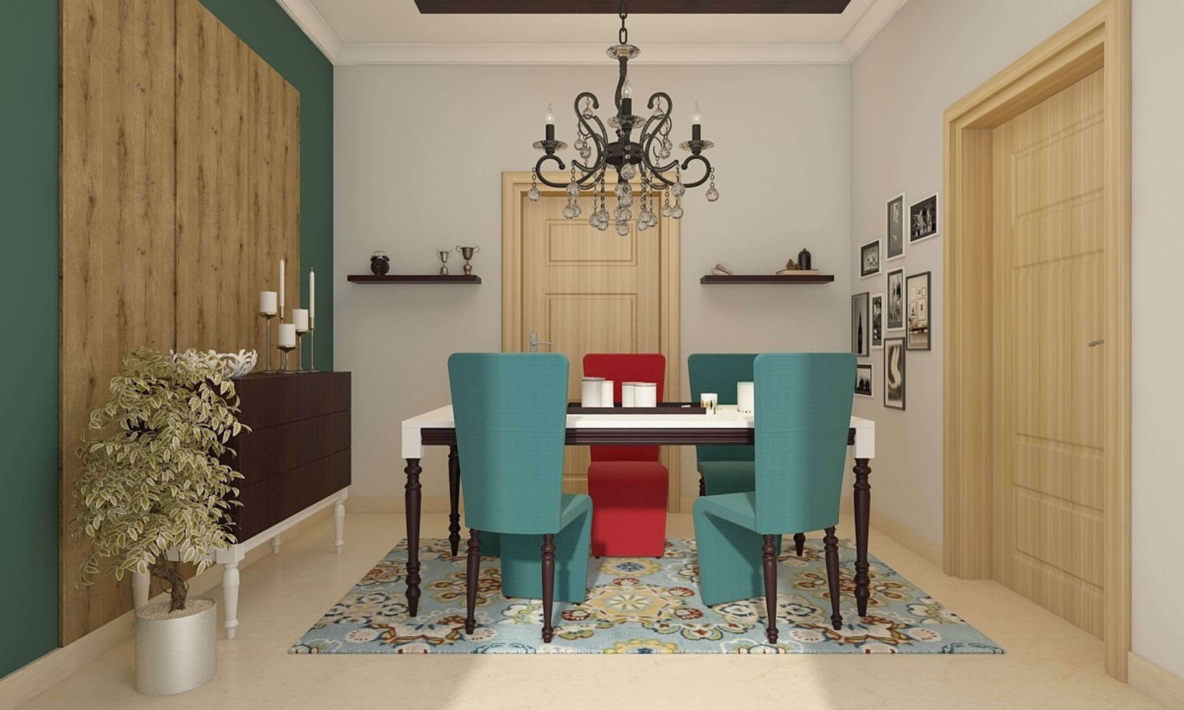 Contemporary 6-Seater White Dining Room Design With Teal And Red Chairs