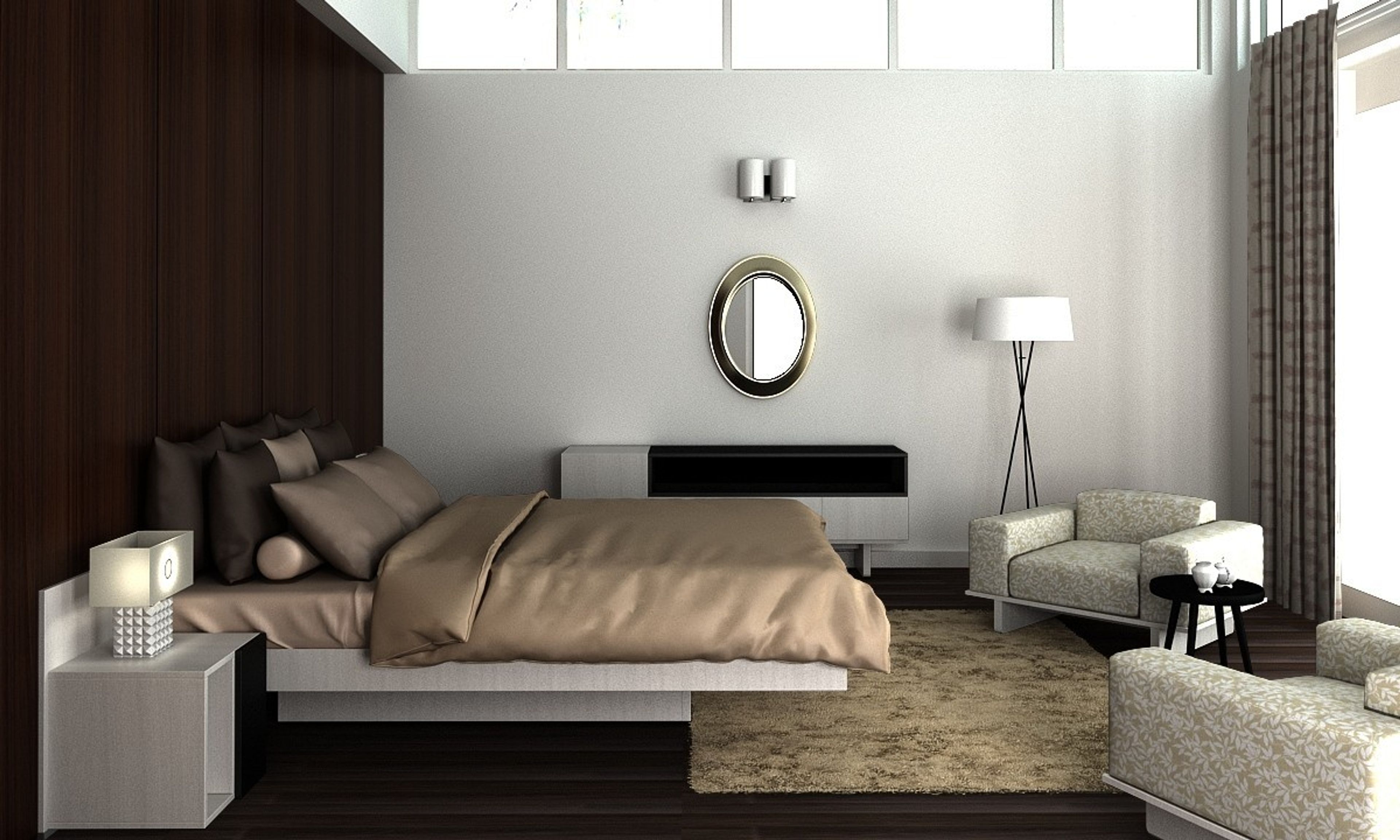 Modern Spacious Master Bedroom Interior Design With White And Beige Floral Sofa