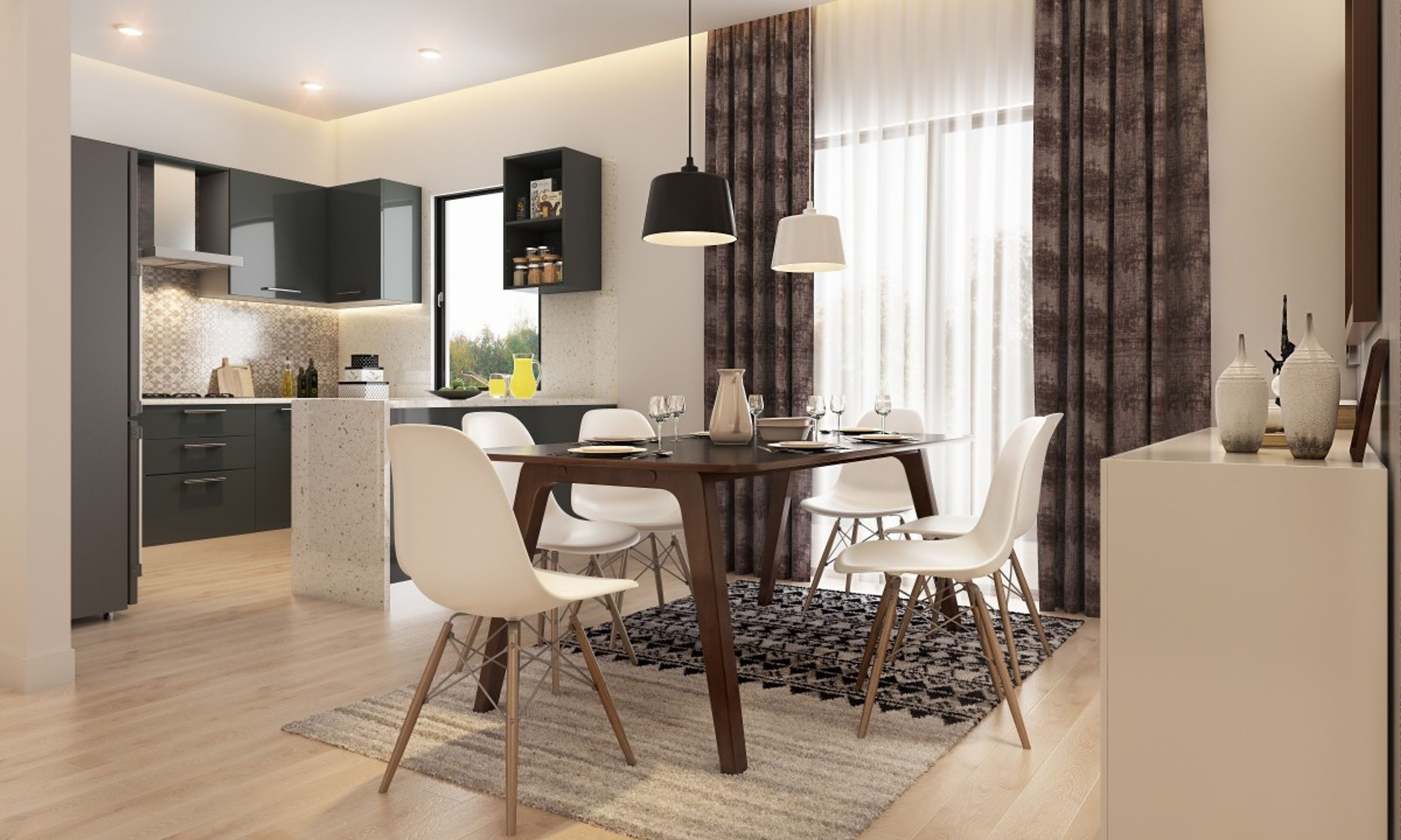 Minimal 6-Seater White And Wood Dining Room Design